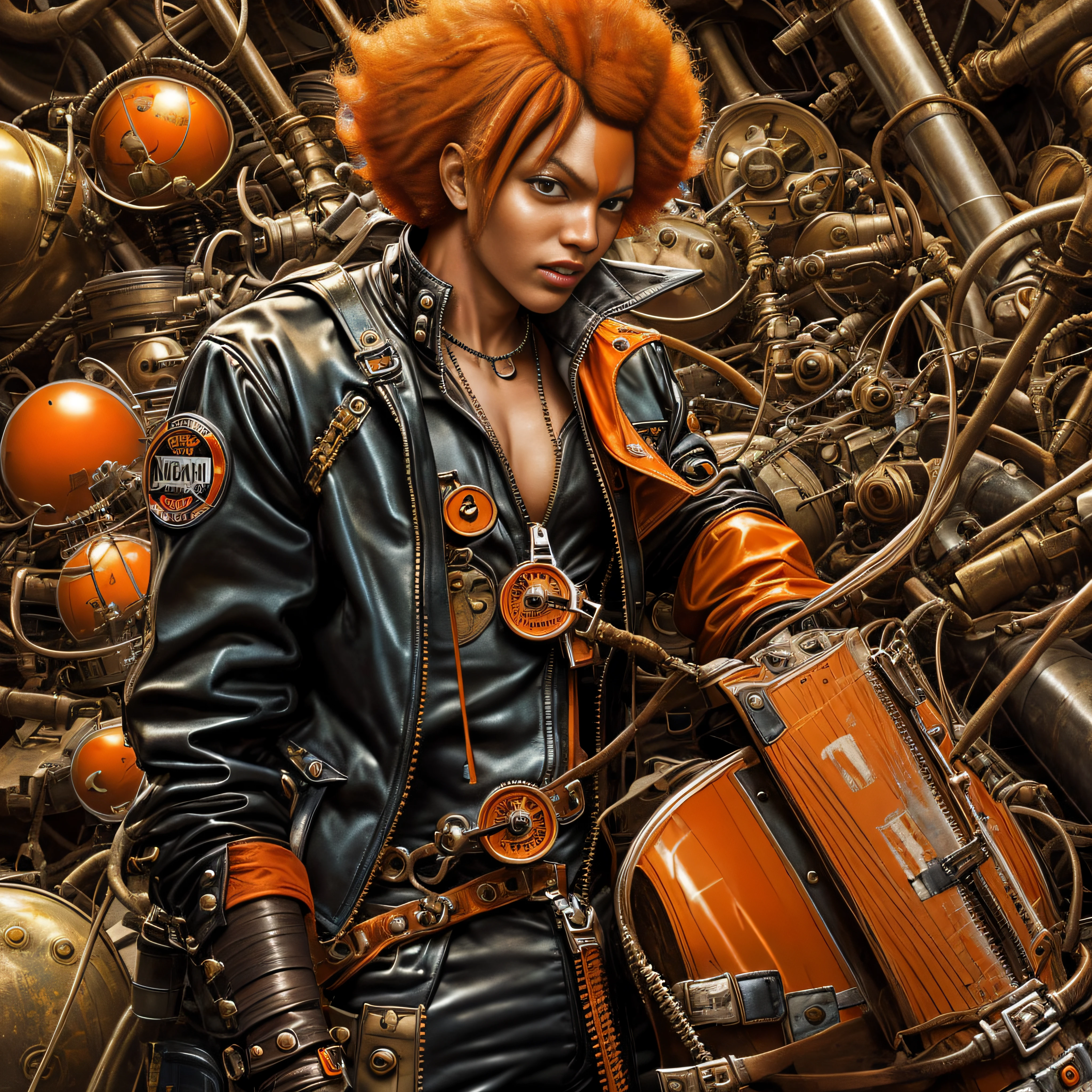 steampunk, sexy woman, short pants,, (polyvinyl Jacket With Rivets:1.3), (floating orange hair:1.4), (open zipper:1.5), (sexy:1.5), (erotic:1.5), (afro hairstyle:1.6), best quality, sunlight, detailed face, gorgeous eyes, realistic skin details, high quality, seen from below, translucent, (voluptuous:1), sensual, lascivious, dominant, romantic, high quality, film grain, Cinematic Light, sidelighting, sharp focus