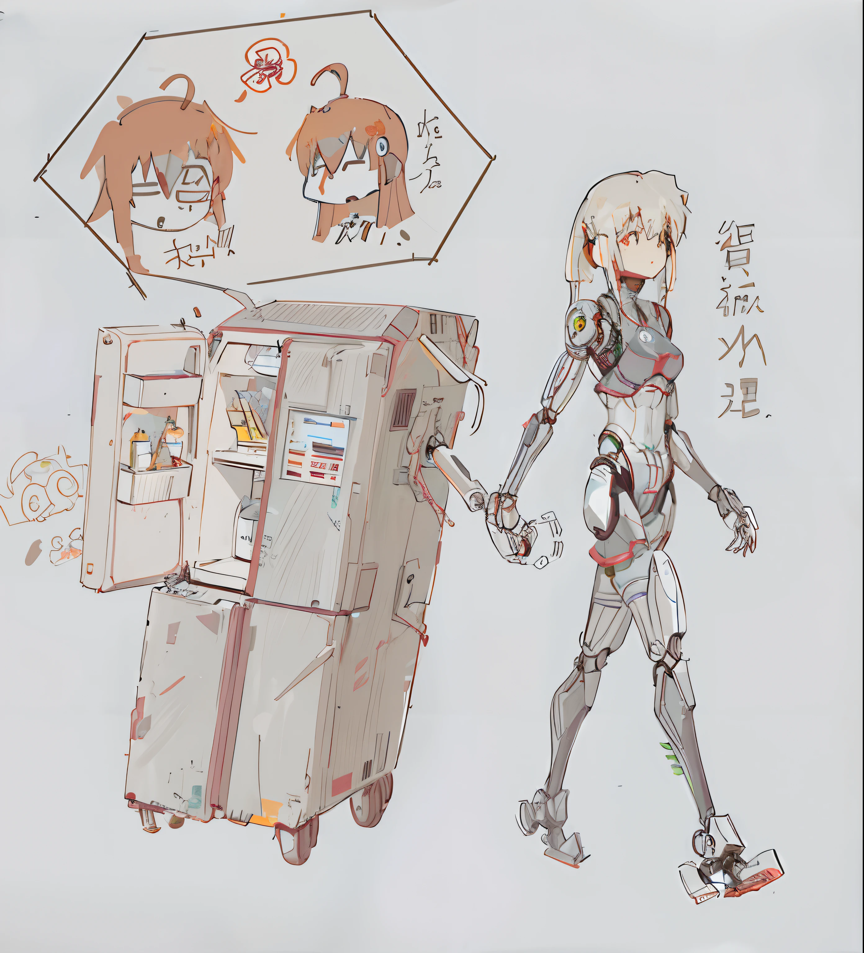 Sketch of a woman walking past a refrigerator，There is a sign above the fridge, anime robotic mixed with organic, Fully robotic!!  Fully robotic!! Girl, [ conceptual art ]!!, ((robot)), Robot girl, Anime manga robot!! Anime girl, anthropomorphic robot [ thing ], mecha asthetic