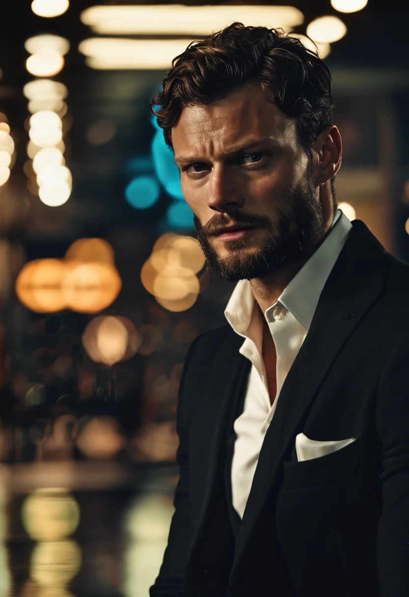 (Man wearing black suit without tie), ), (wearing beard,) attractive and serious look, short dark hair, stylish and elegant, shaved and strong body fitted in the suit, show body, man similar to actor jamie dornan, (high quality and realistic image), in the background of the dark black image and lights, cinematic style, ((Best quality, 8k, Masterpiece).