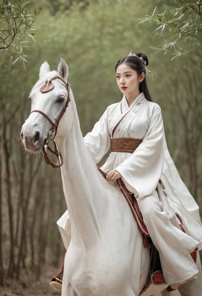 A woman dressed in traditional clothing rides a horse through a bamboo forest, Hanfu, Palace ， A girl in Hanfu, White Hanfu, Wuxia, full-body wuxia, Wearing ancient Chinese clothes, xianxia fantasy, with acient chinese clothes, Chinese costume, Anime girl cosplay, Chinese style, Chinese fantasy, Chinese traditional, Traditional Chinese clothing