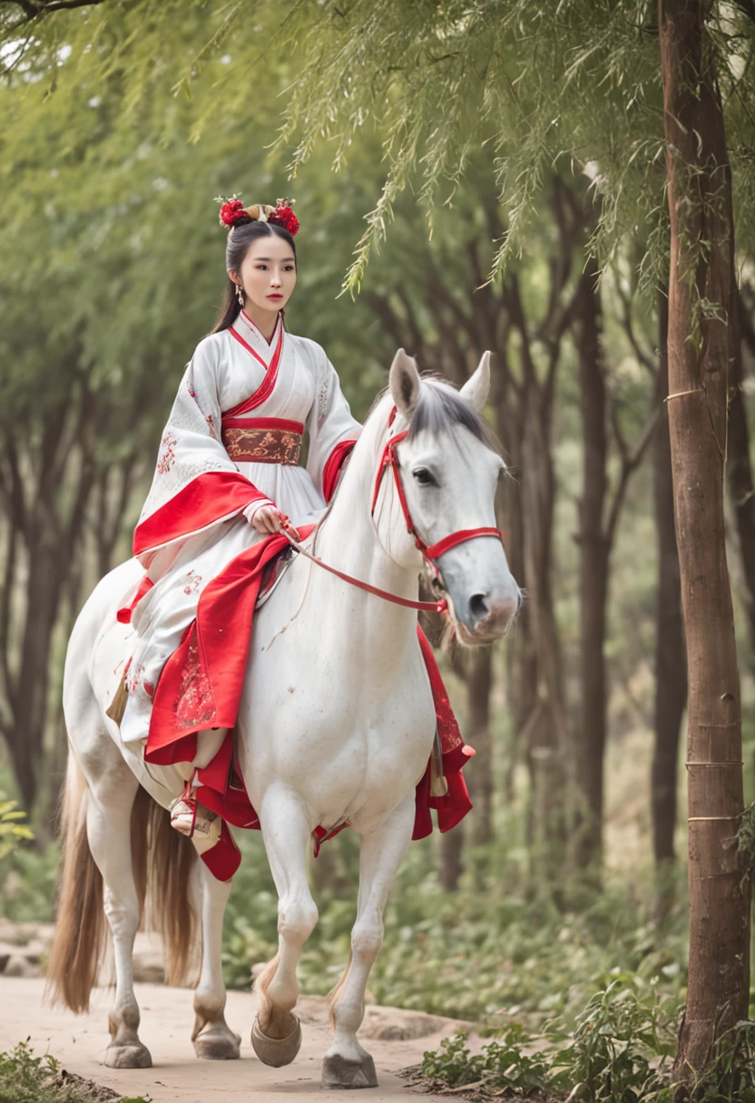 A woman dressed in traditional clothing rides a horse through a bamboo forest, Hanfu, Palace , A girl in Hanfu, White Hanfu, Wuxia, full-body wuxia, Wearing ancient Chinese clothes, xianxia fantasy, with acient chinese clothes, Chinese costume, Anime girl cosplay, Chinese style, Chinese fantasy, Chinese traditional, Traditional Chinese clothing