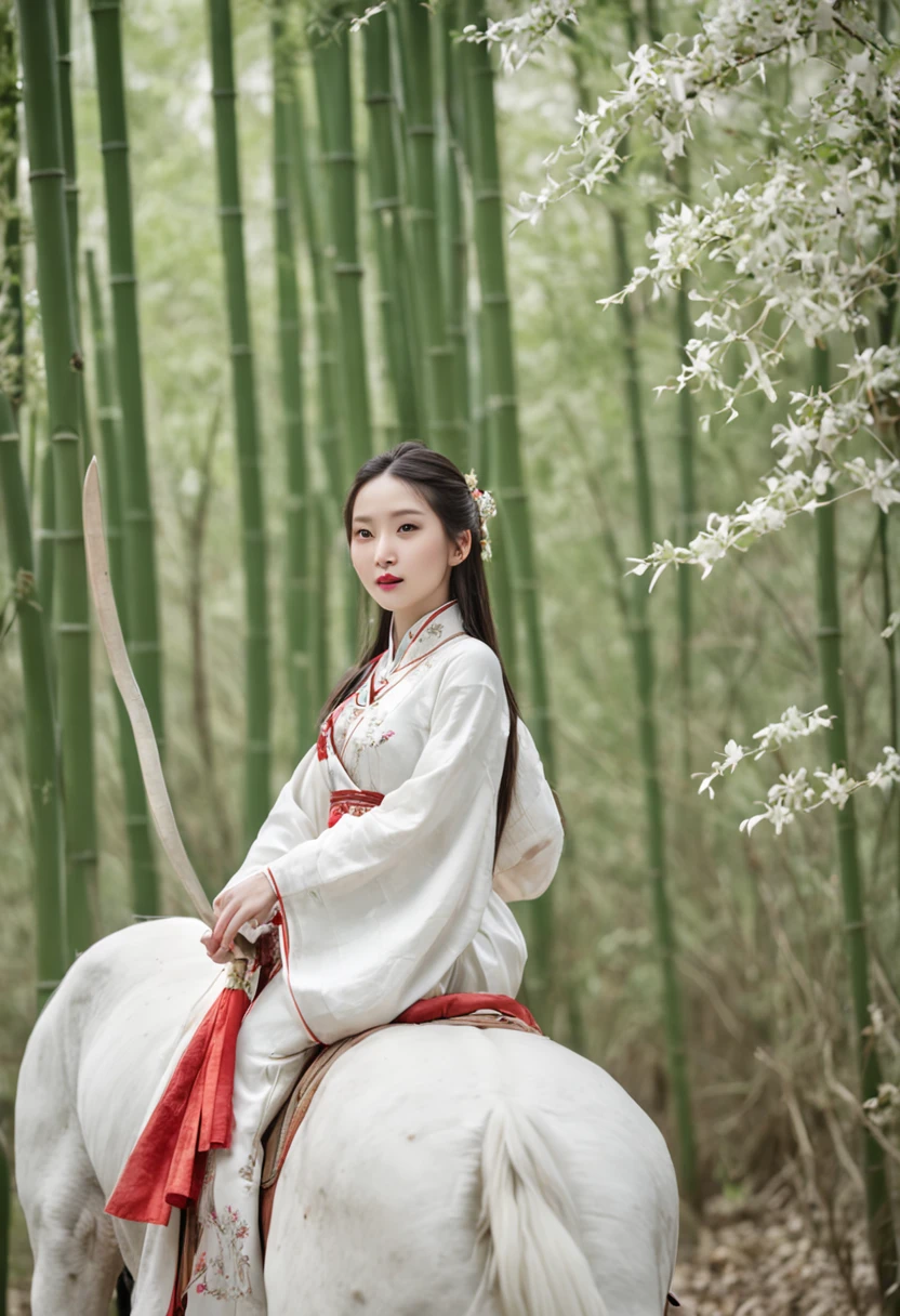 A woman dressed in traditional clothing rides a horse through a bamboo forest, Hanfu, Palace , A girl in Hanfu, White Hanfu, Wuxia, full-body wuxia, Wearing ancient Chinese clothes, xianxia fantasy, with acient chinese clothes, Chinese costume, Anime girl cosplay, Chinese style, Chinese fantasy, Chinese traditional, Traditional Chinese clothing