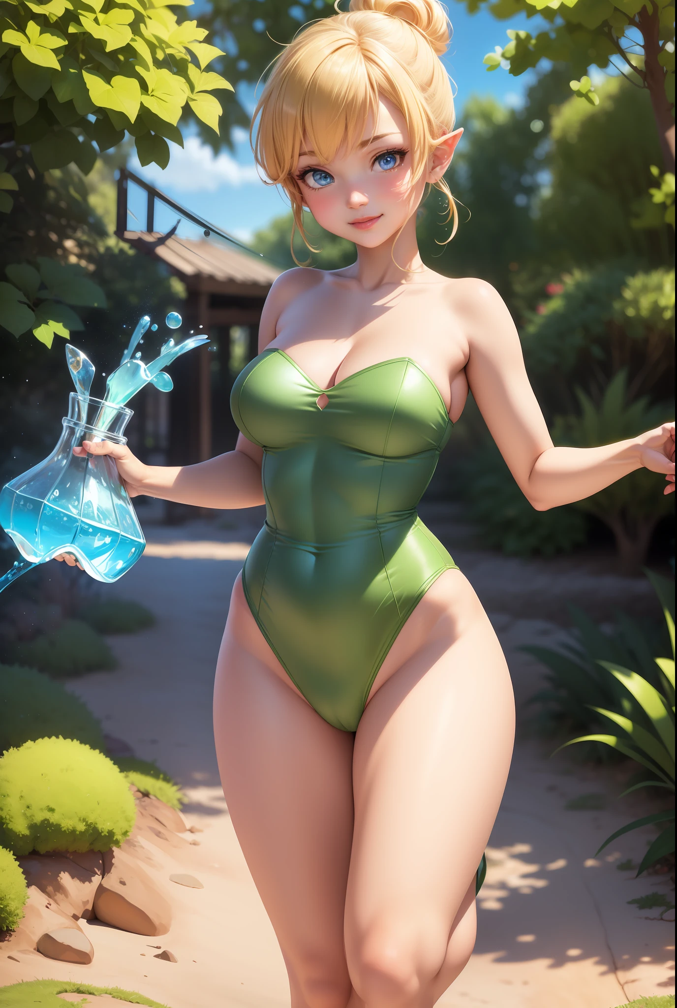 (Tinkerbell Waifu:1), smile, pose on all fours, cute, looking at the viewer, thick thighs, single bun, short hair, (((perfect proportions fine young body))), (( micro strapless green dress:1)), (fairy wings), (focus on breasts:1.2), (realistic: 1.2), (realism), (masterpiece: 1.2), (best quality), (ultra detailed), (16k, 8k, complex),(full body photo: 1),(cowboy photo:1.2), (85mm), light particles, lighting, (highly detailed:1.2), (detailed face:1.2), (gradients), sfw, colorful,(detailed eyes:1.2), (detailed ladscape, inside a glass jar :1.2),(detailed background),detailed landscape, (dynamic angle:1.2), (dynamic posture:1.2), (rule of terceira_compositing:1.3), (line of action:1.2), general plan, daylight, soil, no panties, cameltoe.