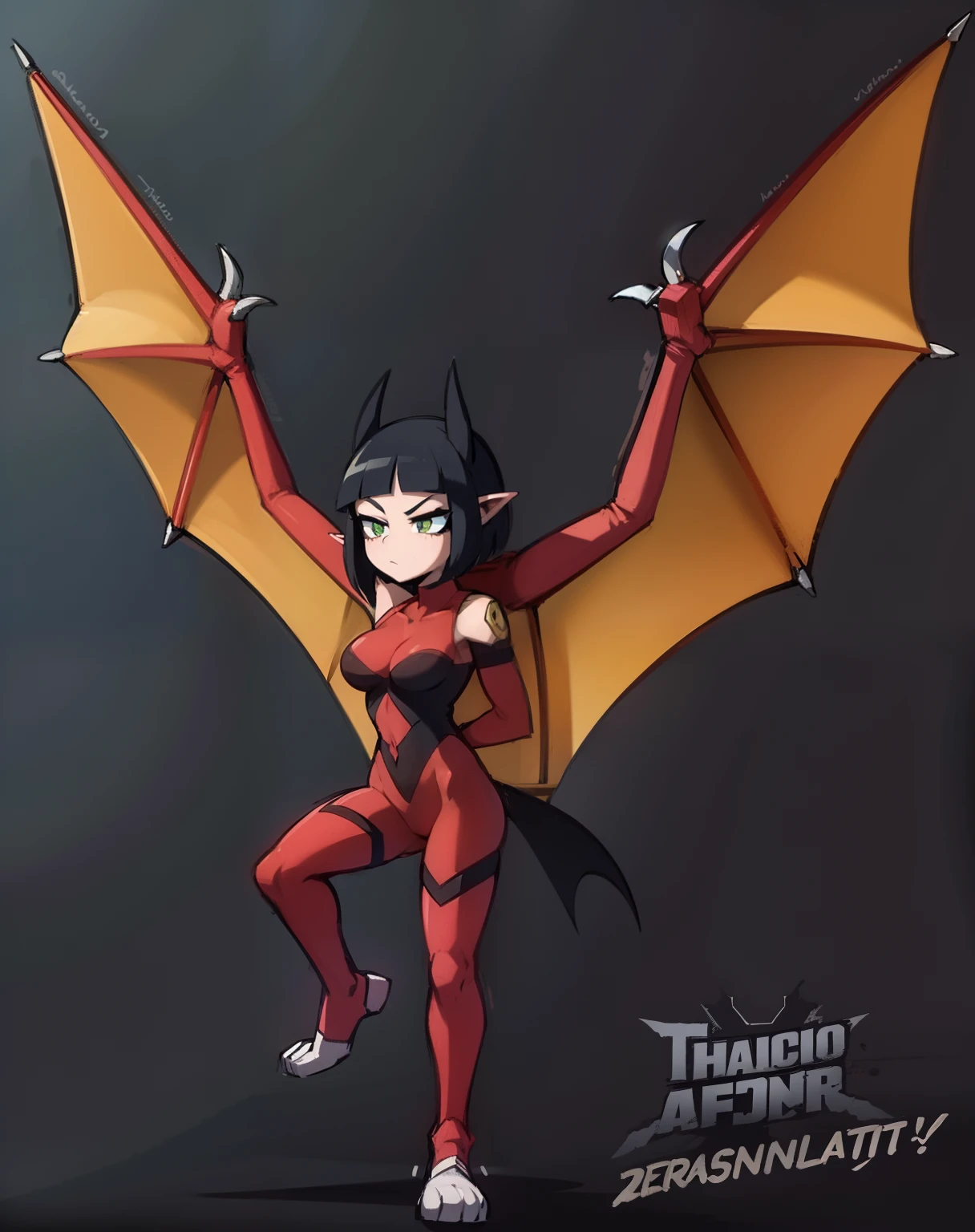 My Hero Academia style, anime Girl, female, trending on artstation pixiv, (full body shot:0.5), wide hips, wide thighs, large breast, Bat wings spread, bat wings, wings spread, bat, short hair, red hair, straight hair, bat ears, green eyes, Hero suit, full body suit, red suit with yellow details and lines, three-toed paws, three-toed paws, three-toed paws, humanoid bat anatomy, Perfect anatomy, Super Detailed,