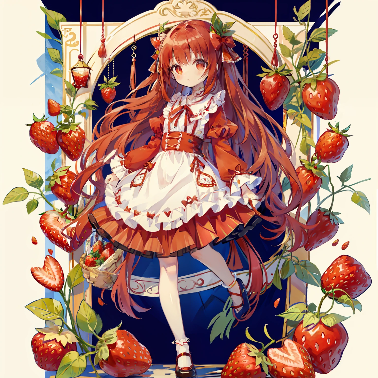 Standing Picture、full bodyesbian、cute little、​masterpiece、top-quality、Top image quality、Ichigo、Strawberry hair ornament、Basket with strawberries、Strawberry dress、Red ribbons