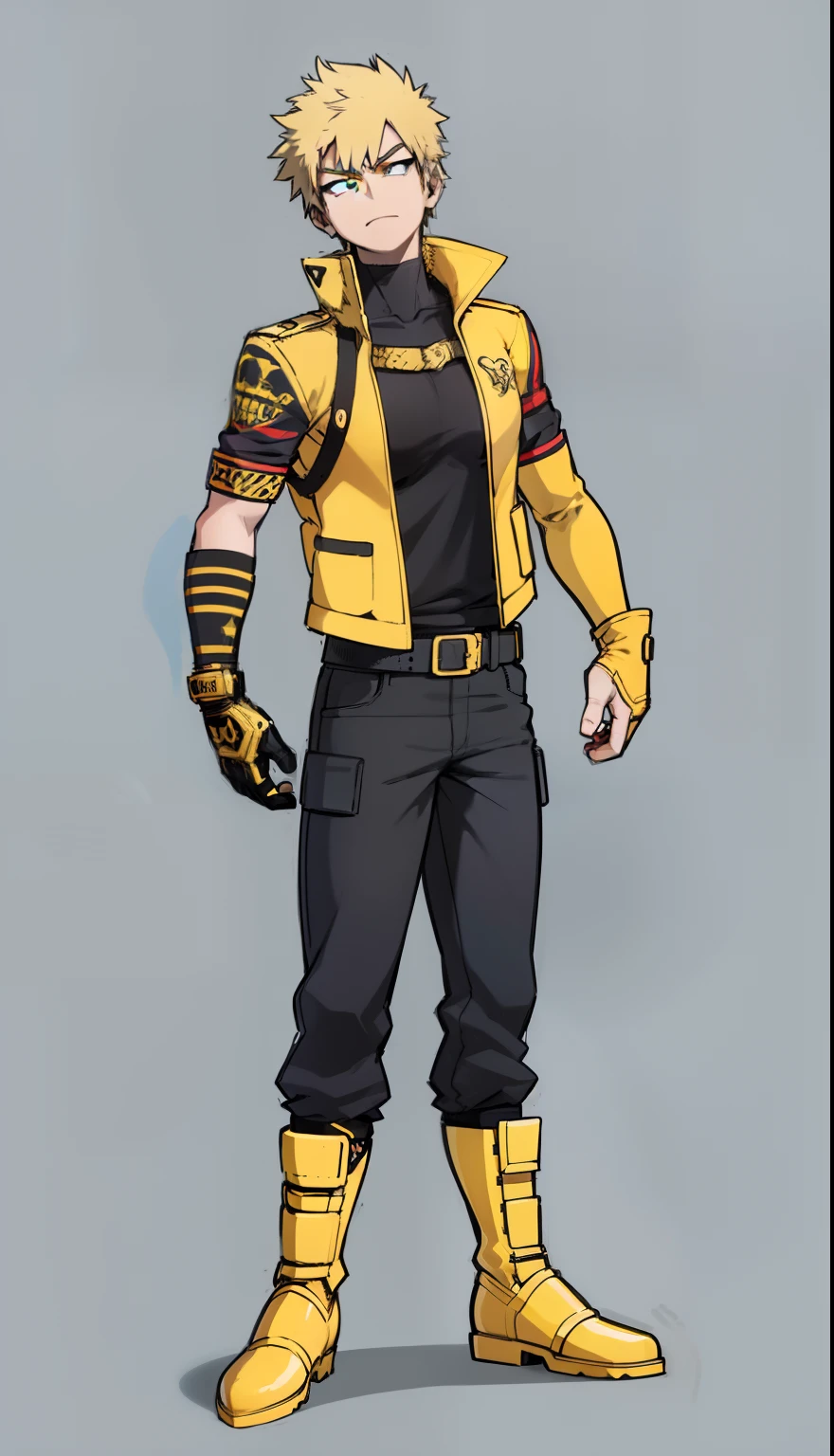 My Hero Academia style, anime Girl, female, trending on artstation pixiv, (full body shot:0.5), wide hips, wide thighs, large breast, Purple hair, short hair, curly hair, green eyes, yellow jacket with left sleeve, yellow jacket, jacket with left sleeve, yellow left glove, yellow glove, left glove, right arm black with gold details and lines, right arm black, right arm with gold lines, right arm with gold details Black pants, Yellow boots, hero outfit, looking at viewer, smug, Super Detailed Perfect Anatomy,