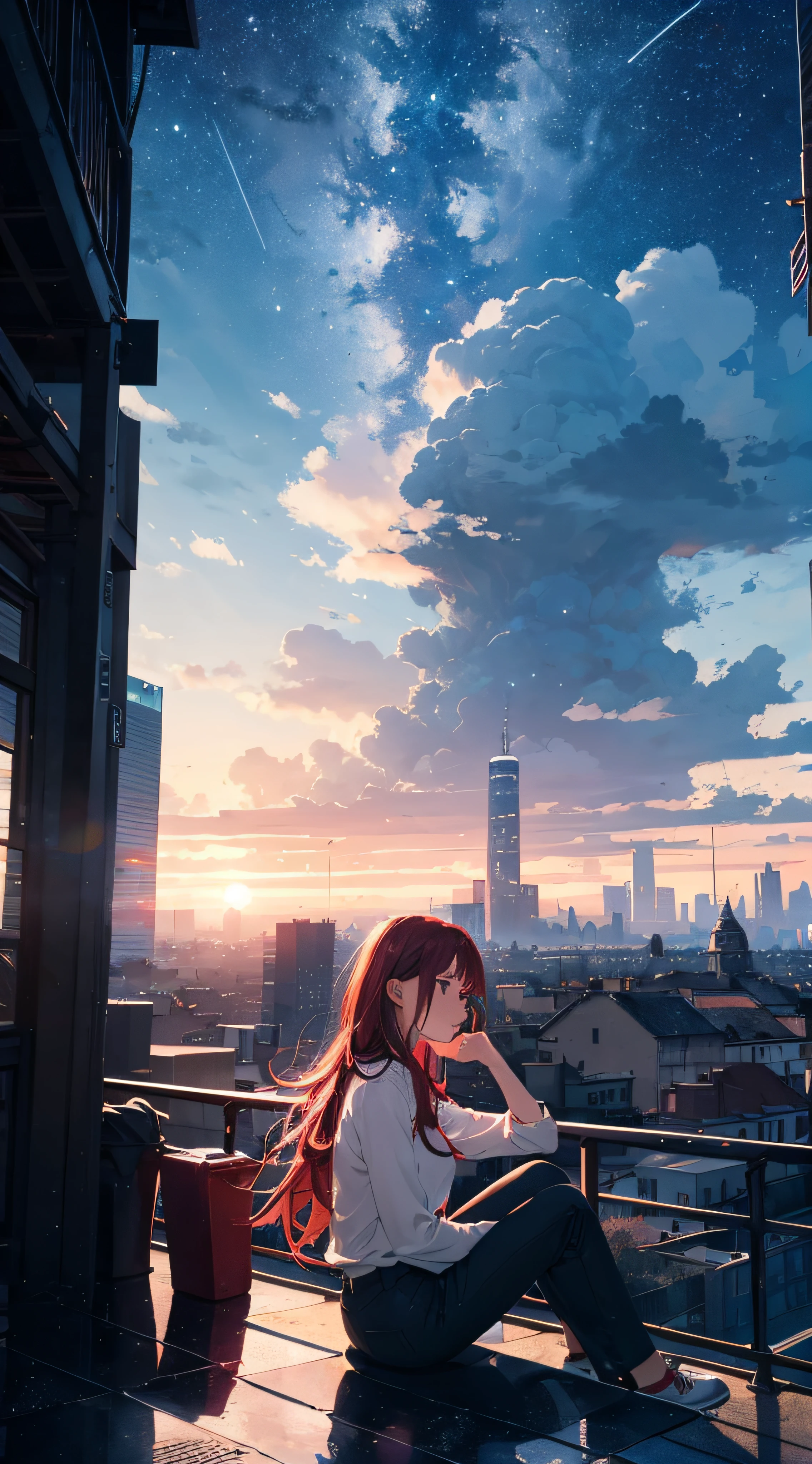 octans, sky, star (sky), scenery, starry sky, night, 1girl, night sky, solo, outdoors, building, cloud, milky way, sitting, tree, long red hair, white shirt, long pants, city, silhouette, cityscape