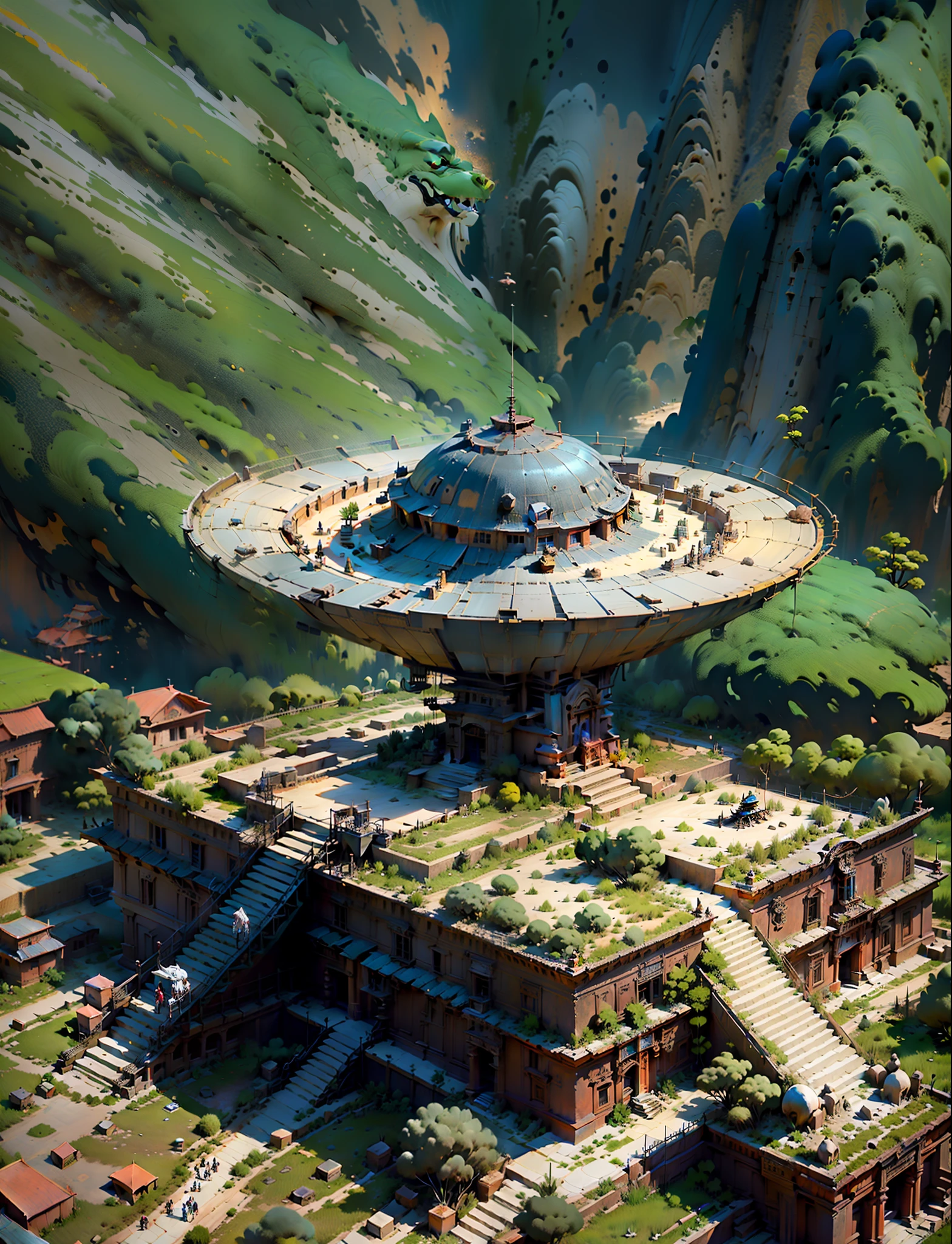 a big alien space ship landing on a Inca temple, Bolivia , alien space ship landing, extra vibrant, highly resolution, highly contrast, detail enhancement, 8K, HD, Best Quality, high quality,