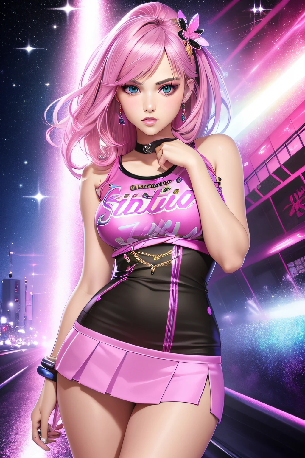 unparalleled masterpiece ever, super realistic 8K , erfect artwork、Fresh fashion for American teens、Sexy and colorful、shockingpink、((a miniskirt))、frilld、Women's glitter fashion、A detailed face、face perfect、perfect eyes、high-detail