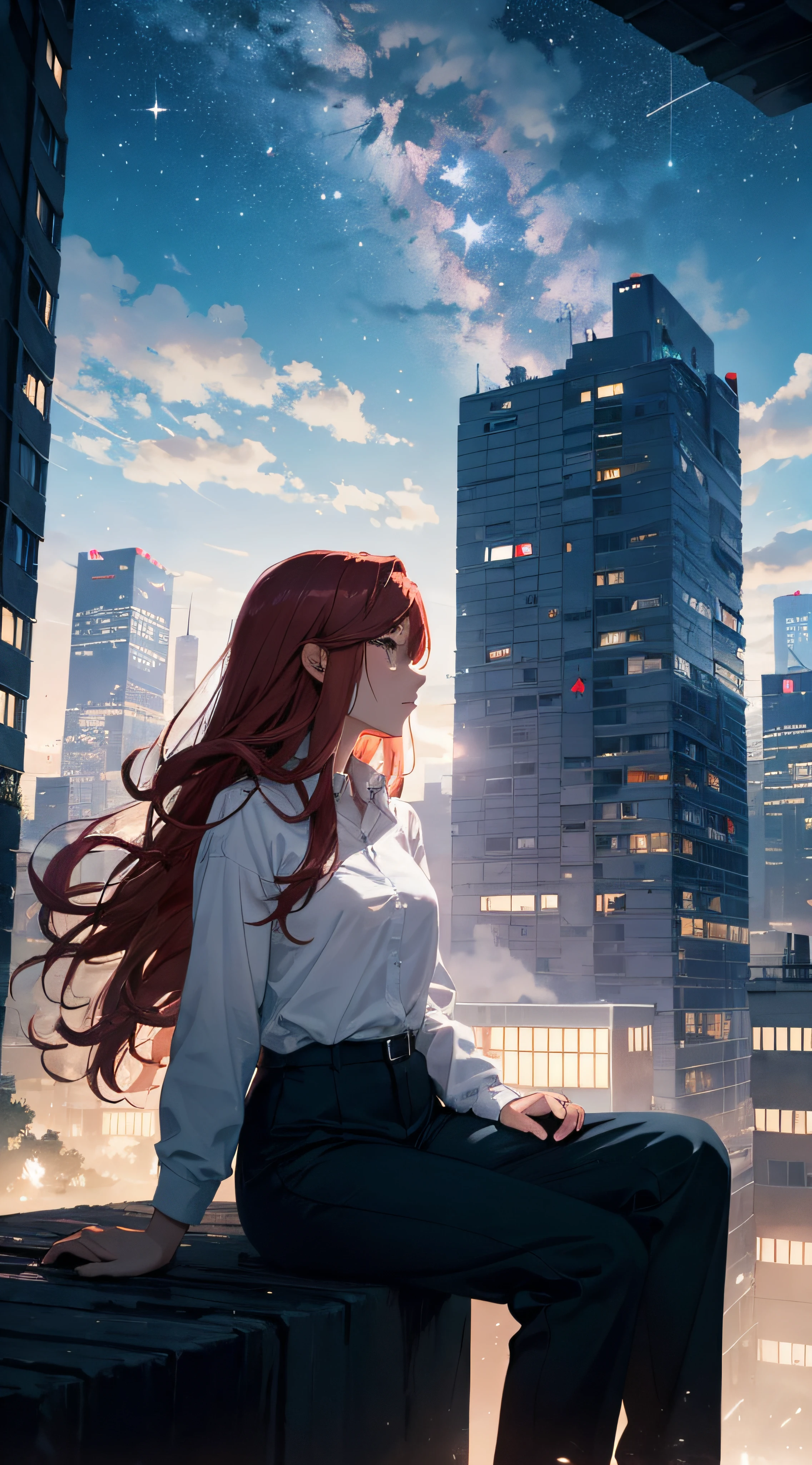 octans, sky, star (sky), scenery, starry sky, night, 1girl, night sky, solo, outdoors, building, cloud, milky way, sitting, tree, long red hair, white shirt, long pants, city, silhouette, cityscape