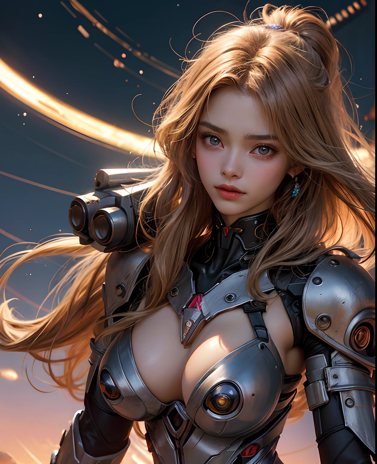 cabelos brancos、long, flowing hair、Brisa forte、olhos alaranjados、Olhos Radiante、Menina Evangelion、Seios colossais、The face and chest are alive、cleavage is visible。fotoRealstic、Portfolio、Terno mecha de metal estilo Evangelion、um oppai cyberpunk、Gothloli detalhes、metalic、Detailed mechanical components、Feixe de tubos finos、cilindro de metal、Neon detalhado、LED fino、fine parts