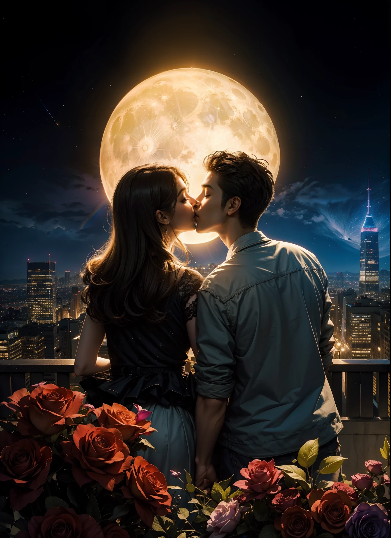 tmasterpiece,high qulity,A couple kissing,A boy and a girl hand in hand,puss,The background is a city in the night sky,lamplight,rainbow,themoon,The atmosphere is romantic,The light is gentle,8K