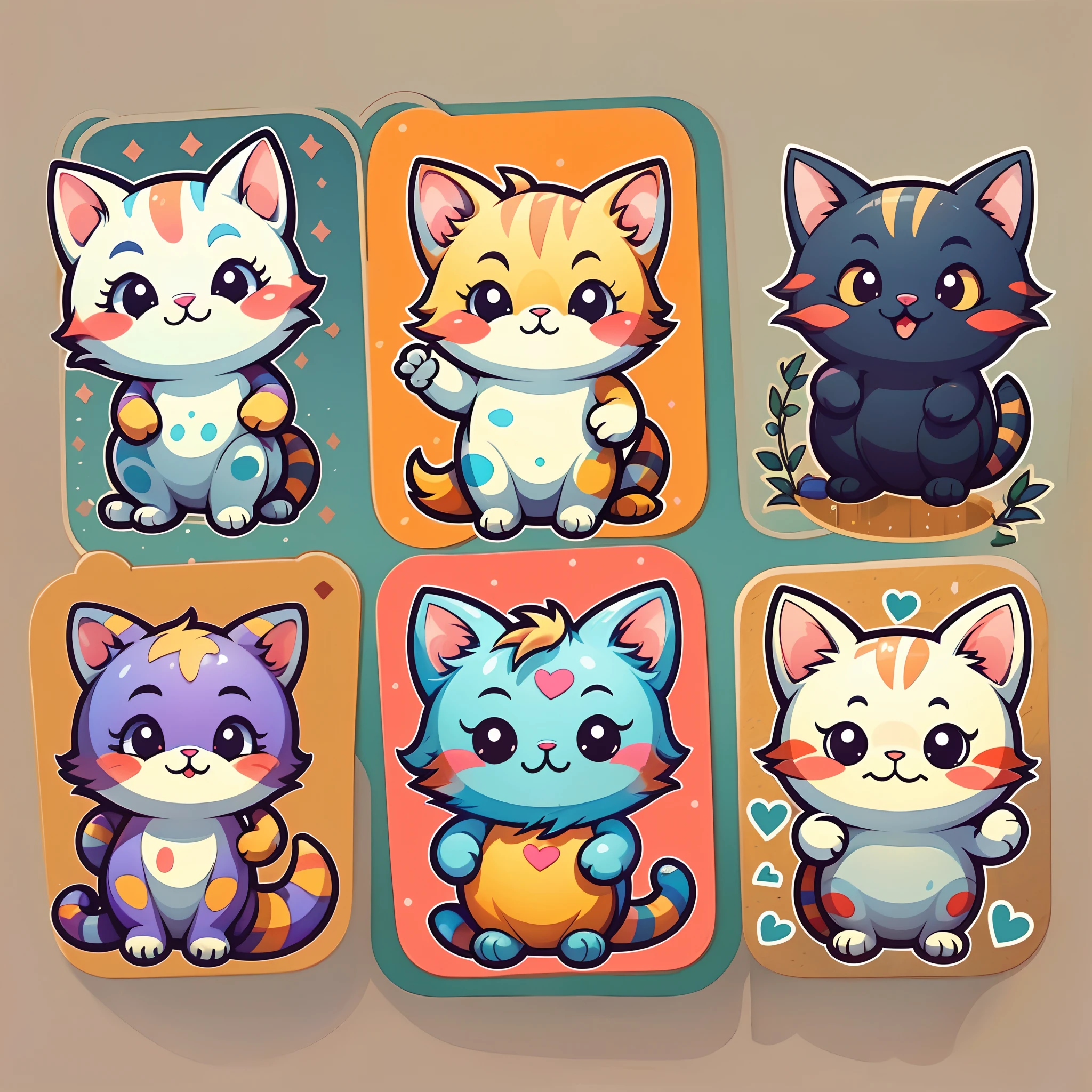 a set of nine cute cat stickers,cute colors,sticker art design,illustrations,flat colors,smiple line 2d painting,popular art stations,digital art,pixel style cartoons,line works,minimalism --auto --s2