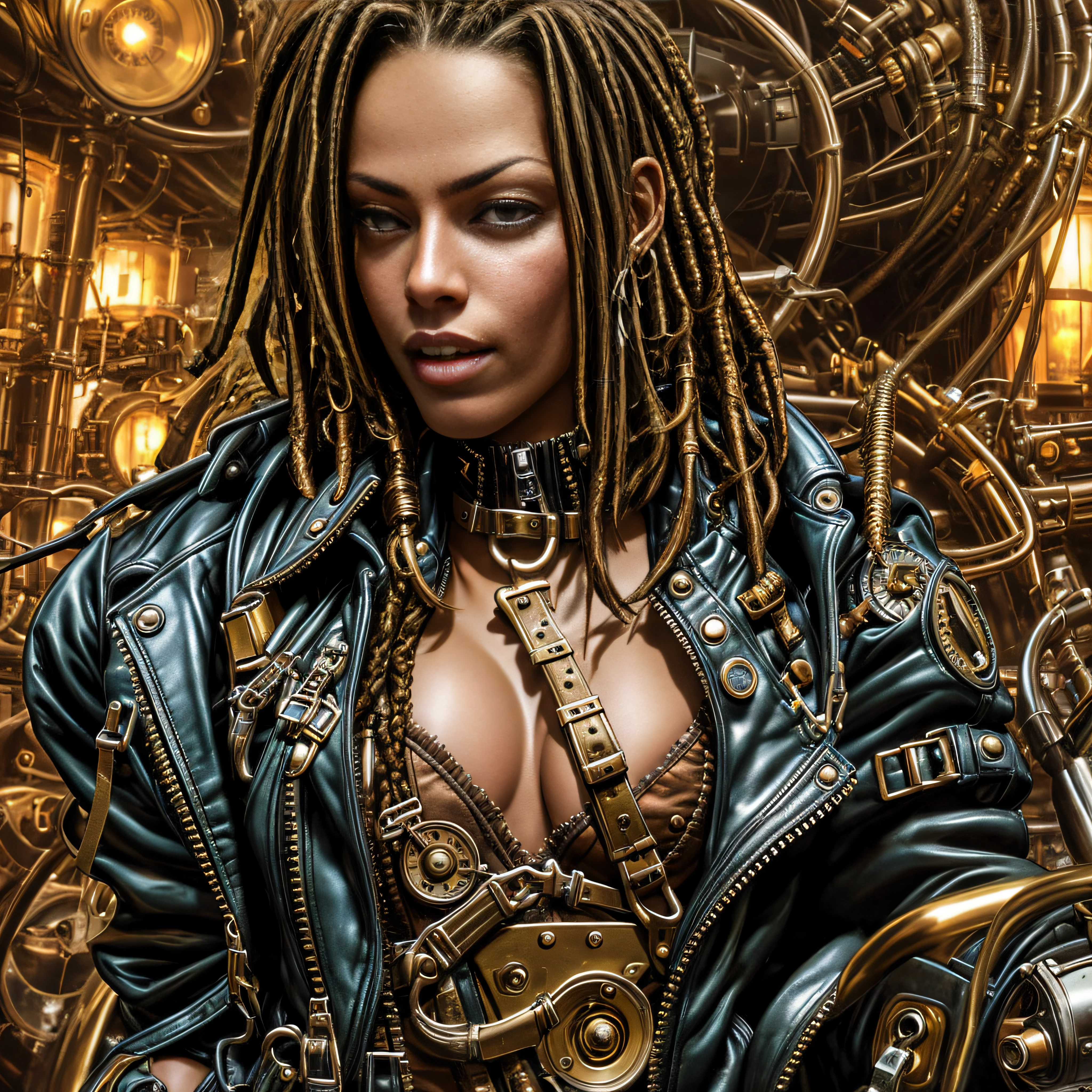 steampunk, sexy woman, short pants,, (polyvinyl Jacket With Rivets:1.3), (jamaican dreadlocks hairstyles:1.4), (open zipper:1.5), (sexy:1.5), (erotic:1.5), best quality, sunlight, detailed face, gorgeous eyes, realistic skin details, high quality, seen from below, translucent, (voluptuous:1), sensual, lascivious, dominant, romantic, high quality, film grain, Cinematic Light, sidelighting, sharp focus