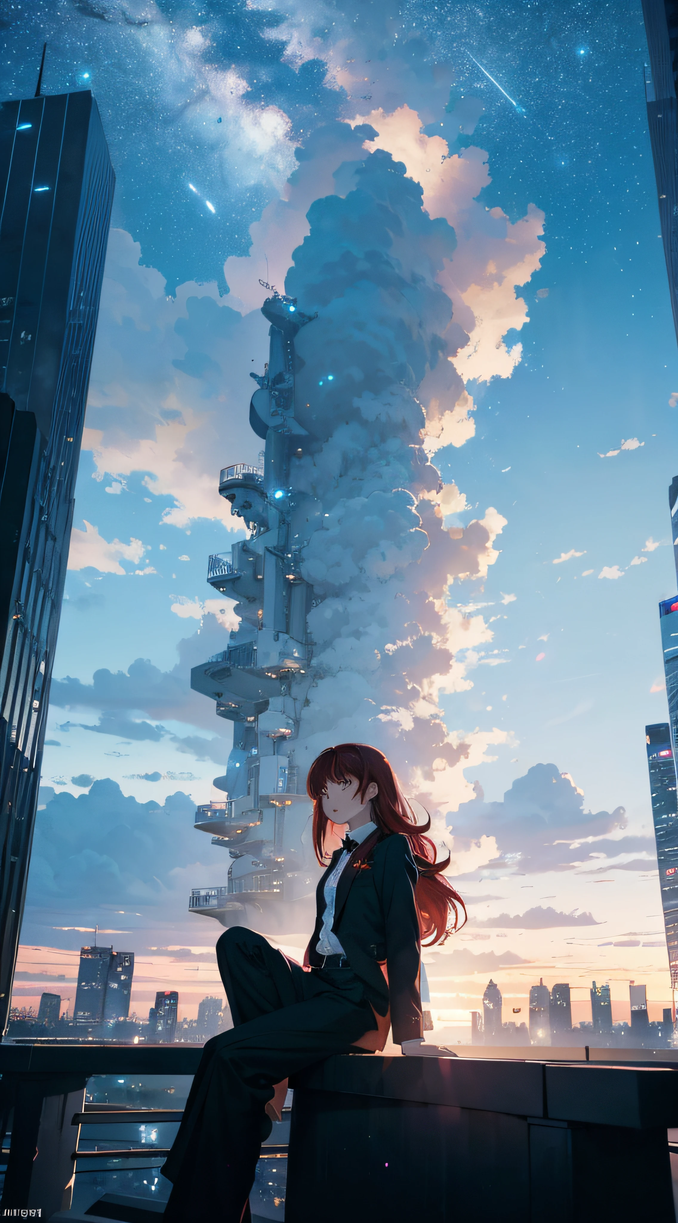 octans, sky, star (sky), scenery, starry sky, night, 1girl, night sky, solo, outdoors, building, cloud, milky way, sitting, tree, long red hair, black tie, white shirt, long pants, city, silhouette, cityscape, master piece, no one have.