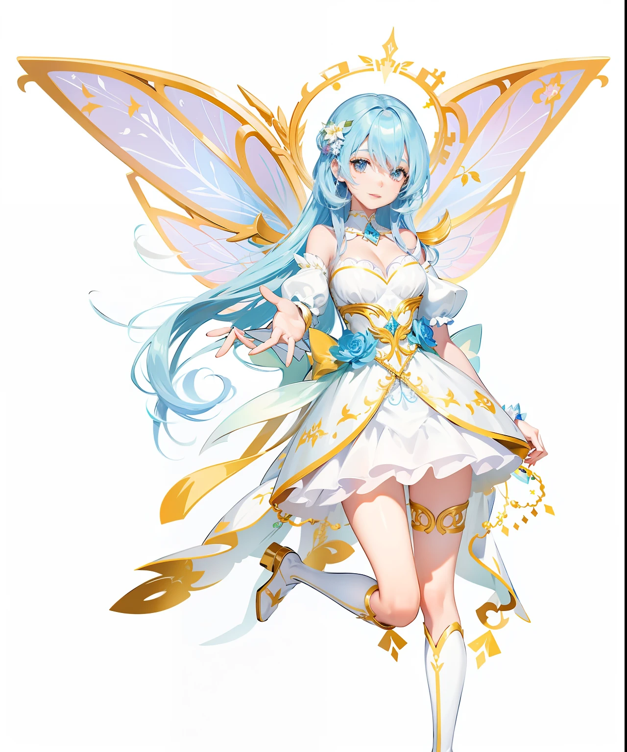 Anime fairy with blue hair and white dress, smiling as a queen of fairies, astral fairy, official character art, pixie character, ethereal wings, official character illustration, , Beautiful fairy, high detailed official artwork, offcial art, beautiful adult fairy, pretty anime character design, with beautiful wings, Fairy, High detail, Art germ. anime illustration，closeup cleavage，Need，super-fine，Semi-realistic