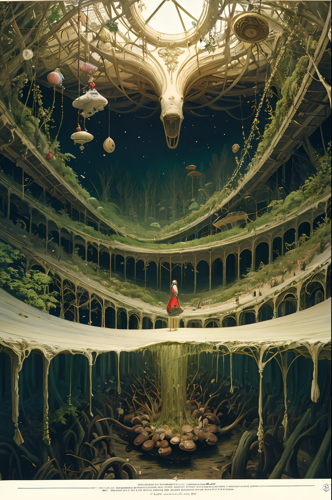 (surreal art:1.4), style of Salvador Dali, style of Hieronymus Bosch, masterpiece, highest quality, absurdres, incredible details, extremely intricate, professional painting, beautiful, visually stunning, gorgeous, 1girl, forest theme, giant mushrooms, melting clocks, flying insects, from above
