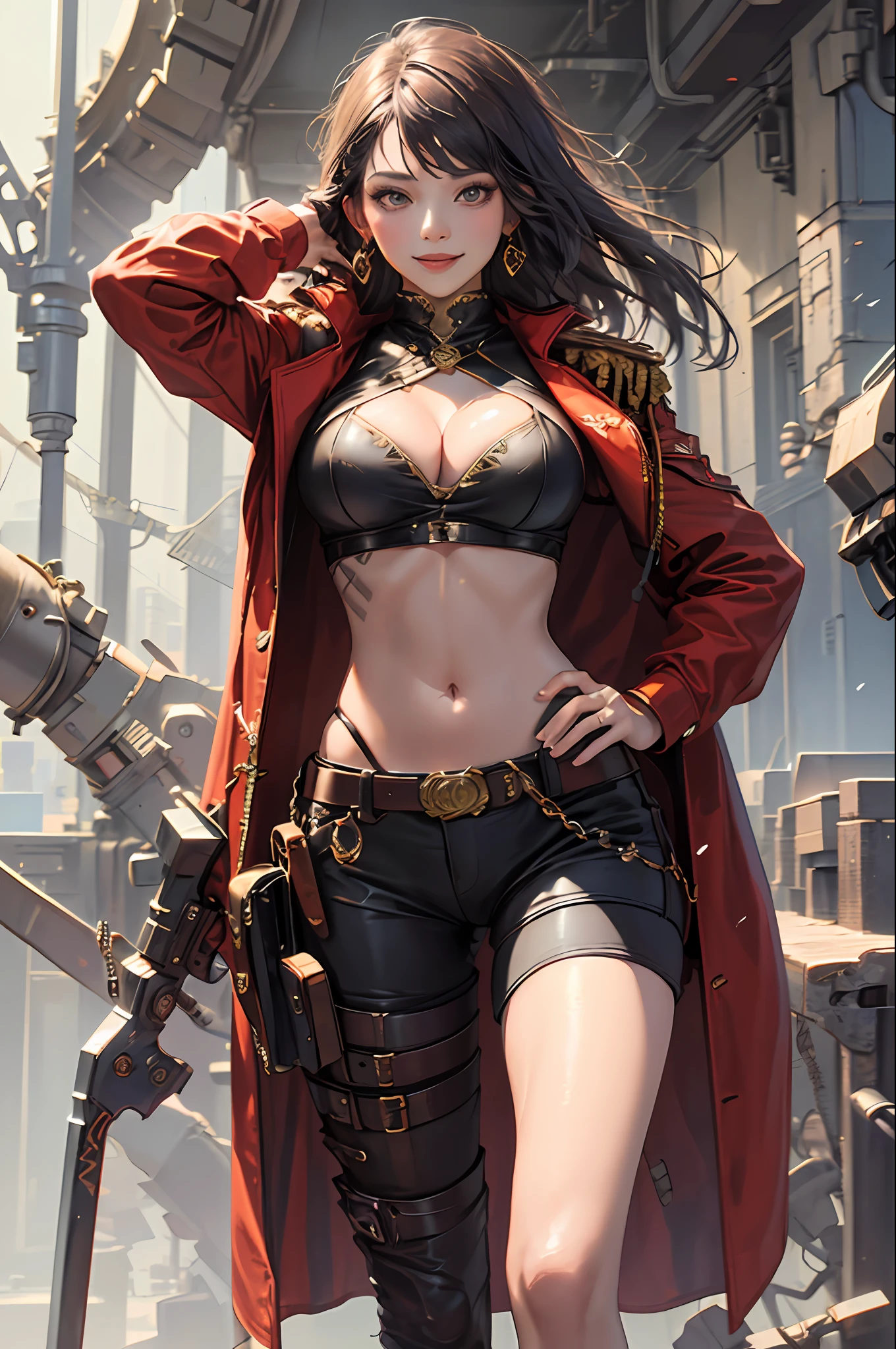 (masterpiece, best quality:1.2), cowboy shot, solo, 1girl, boa hancock, smile, looking at viewer, hand on hip, cape, epaulettes, cleavage, jewelry, earrings, midriff