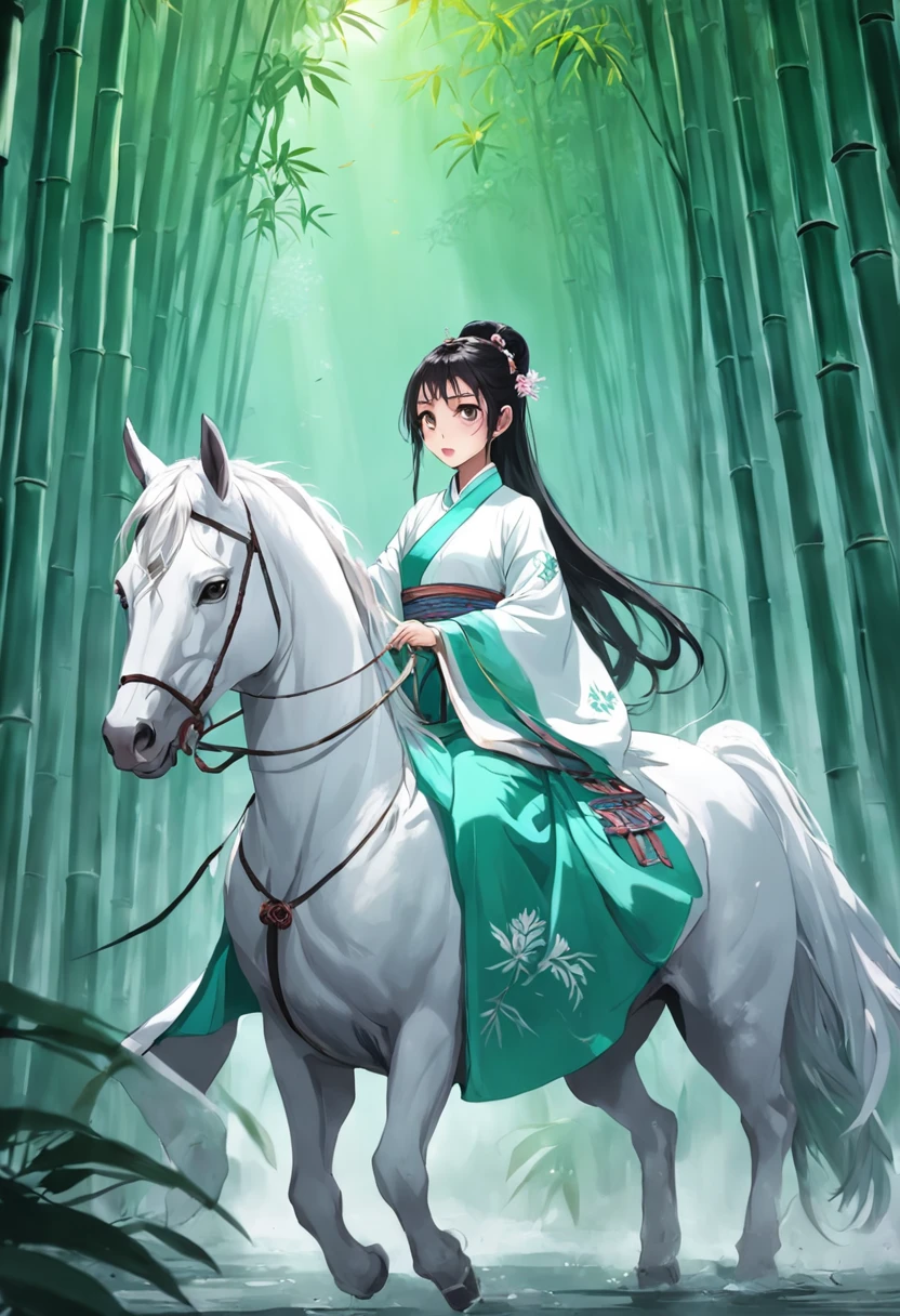 A woman dressed in traditional clothing rides a horse through a bamboo forest, Hanfu, Palace ， A girl in Hanfu, White Hanfu, Wuxia, full-body wuxia, Wearing ancient Chinese clothes, xianxia fantasy, with acient chinese clothes, Chinese costume, Anime girl cosplay, Chinese style, Chinese fantasy, Chinese traditional, Traditional Chinese clothing