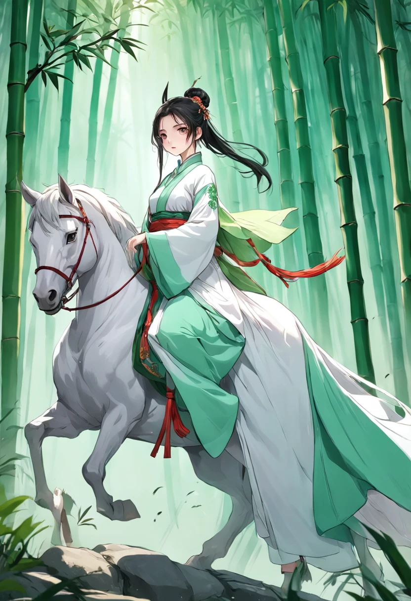 A woman dressed in traditional clothing rides a horse through a bamboo forest, Hanfu, Palace , A girl in Hanfu, White Hanfu, Wuxia, full-body wuxia, Wearing ancient Chinese clothes, xianxia fantasy, with acient chinese clothes, Chinese costume, Anime girl cosplay, Chinese style, Chinese fantasy, Chinese traditional, Traditional Chinese clothing