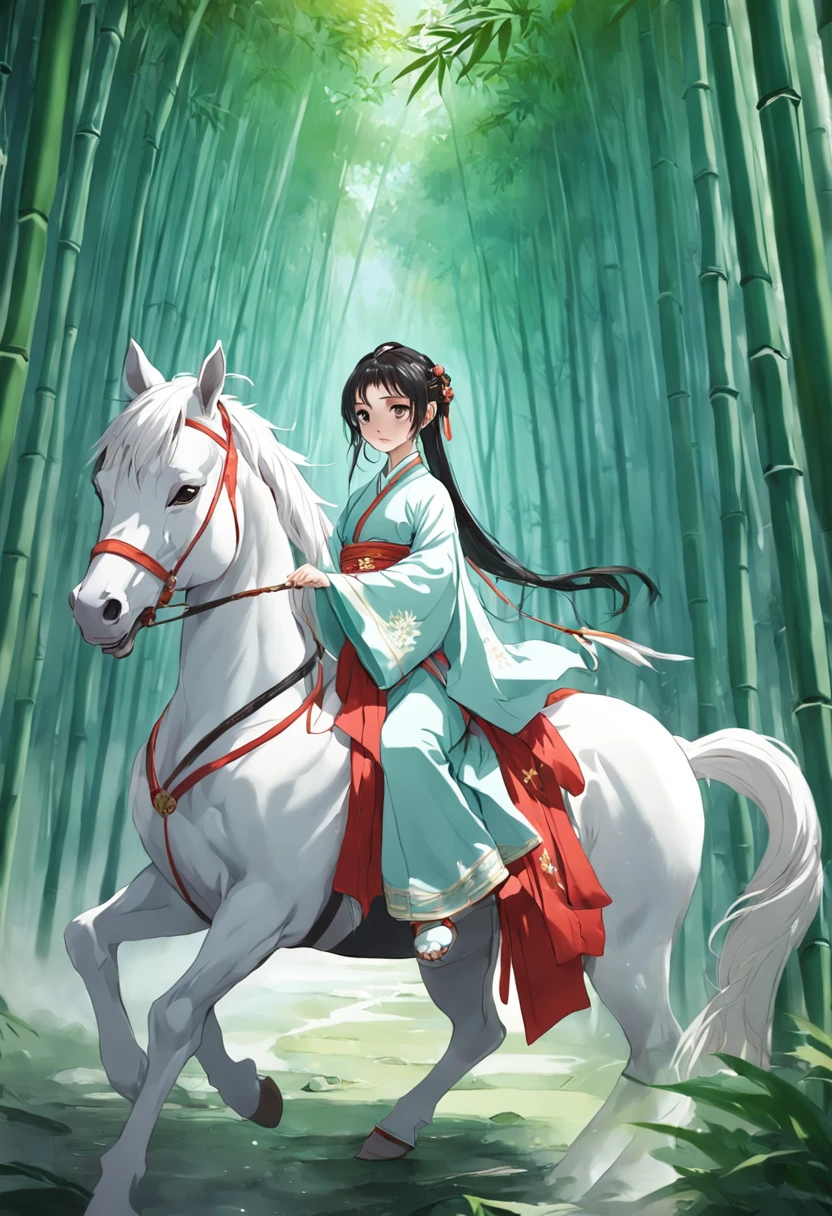 A woman dressed in traditional clothing rides a horse through a bamboo forest, Hanfu, Palace , A girl in Hanfu, White Hanfu, Wuxia, full-body wuxia, Wearing ancient Chinese clothes, xianxia fantasy, with acient chinese clothes, Chinese costume, Anime girl cosplay, Chinese style, Chinese fantasy, Chinese traditional, Traditional Chinese clothing