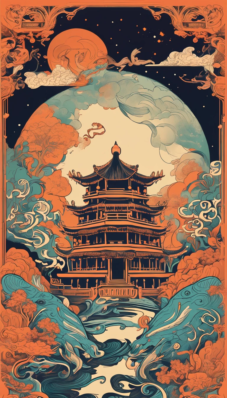 illustrated by Guo Chao style, poster design, GoldenLantern Palace in the night sky, animales andhumans, chinese dragon is main body, in the style of psychedeliccolor schemes, hyper-detailed illustrations, 16k, apainting of a pagoda in the evening, in the style ofgraphic design-inspiredillustrations, circular shapesdetailed botanicalillustrations, light cyan and orangei can't believehow beautiful this is, mythologicalinfluences,chinapunk