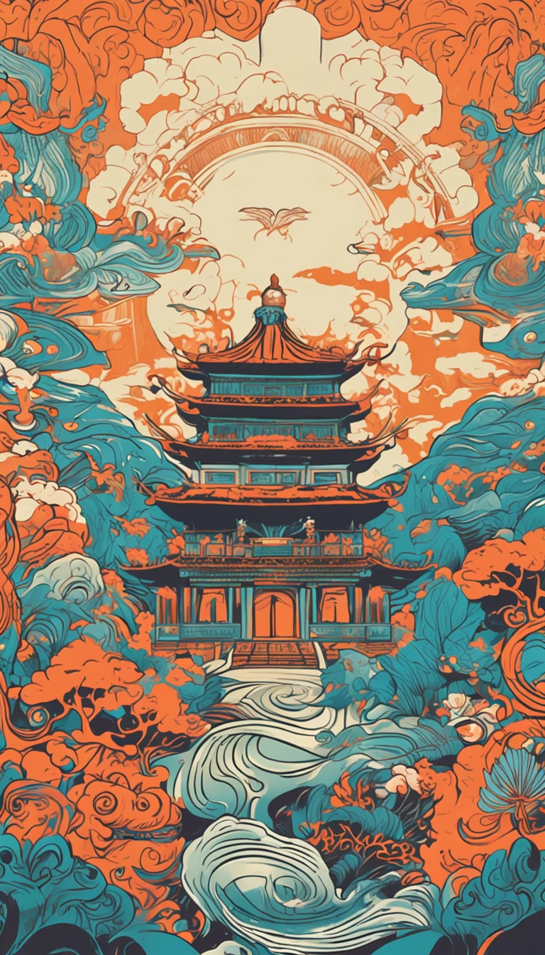 illustrated by Guo Chao style, poster design, GoldenLantern Palace in the night sky, animales andhumans, chinese dragon is main body, in the style of psychedeliccolor schemes, hyper-detailed illustrations, 16k, apainting of a pagoda in the evening, in the style ofgraphic design-inspiredillustrations, circular shapesdetailed botanicalillustrations, light cyan and orangei can't believehow beautiful this is, mythologicalinfluences,chinapunk
