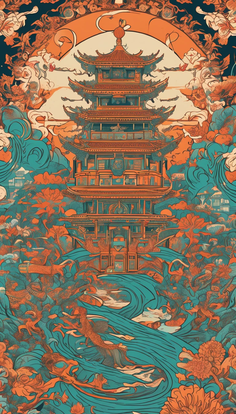 illustrated by Guo Chao style, poster design, GoldenLantern Palace in the night sky, animales andhumans, chinese dragon is main body, in the style of psychedeliccolor schemes, hyper-detailed illustrations, 16k, apainting of a pagoda in the evening, in the style ofgraphic design-inspiredillustrations, circular shapesdetailed botanicalillustrations, light cyan and orangei can't believehow beautiful this is, mythologicalinfluences,chinapunk