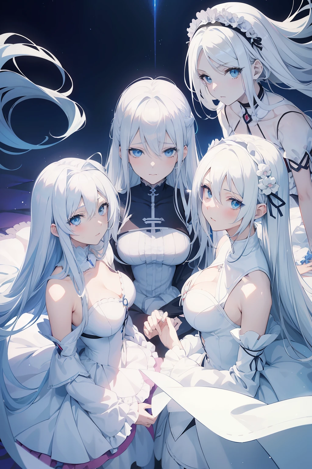 Anime – Style image of three women in white dresses with blue eyes, Flat anime style shading, white haired god, zerochan art, Girl with white hair, made with anime painter studio, white  hair, anime style like fate/Stay Night, soft anime illustration, Pale!, In anime style, ufotable art style, by Shingei, official fan art