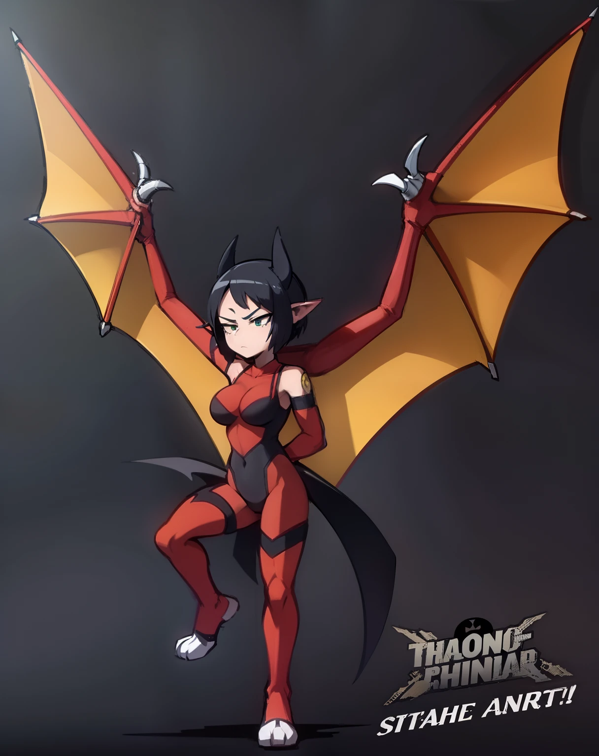 My Hero Academia style, anime Girl, female, trending on artstation pixiv, (full body shot:0.5), wide hips, wide thighs, large breast, Bat wings spread, bat wings, wings spread, bat, short hair, red hair, straight hair, bat ears, green eyes, Hero suit, full body suit, red suit with yellow details and lines, three-toed paws, three-toed paws, three-toed paws, humanoid bat anatomy, Perfect anatomy, Super Detailed,