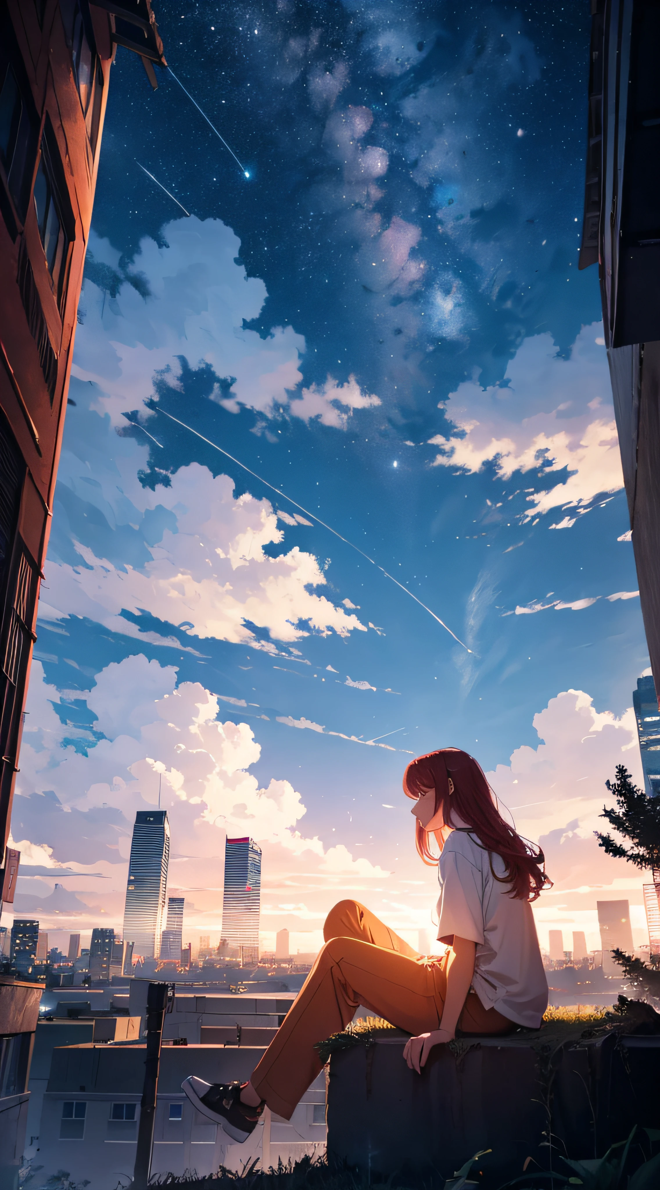 octans, sky, star (sky), scenery, starry sky, night, 1girl, night sky, solo, outdoors, building, cloud, milky way, sitting, tree, long red hair, white shirt, long pants, city, silhouette, cityscape