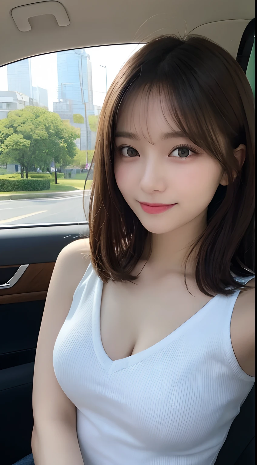 (top-quality、hight resolution、masterpiece:1.3)、Tall and cute woman、Slender abs、Dark brown hair styled in loose waves、Cleavage is exposed、Wearing a pendant、White button-up shirt、a belt、a black skirt、(Modern architecture in background)、Details exquisitely rendered in the face and skin texture、A detailed eye、二重まぶた