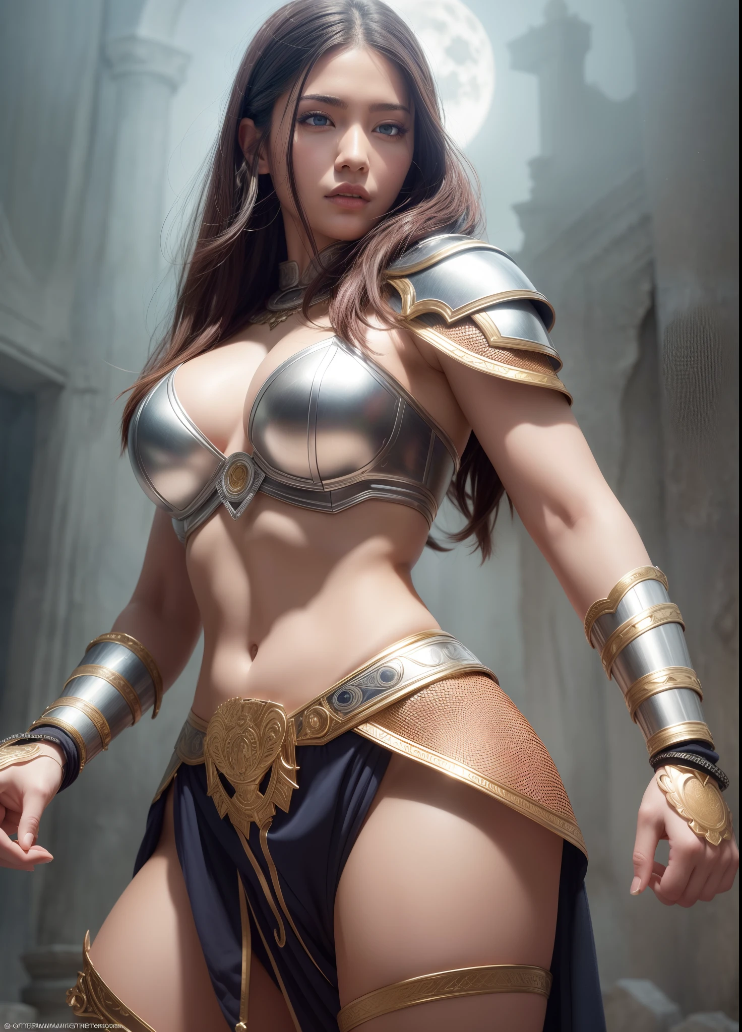 Split abs, (masutepiece, 4K resolution, Ultra-realistic, Very detailed), (fullmoon))] # illustrate: The Prompt mainly describes a 4k painting of ultra-high definition, Very realistic, Very detailed.  Fantasy Art Style, Amazon Ancient Greek female warrior wearing armor and using magic.
