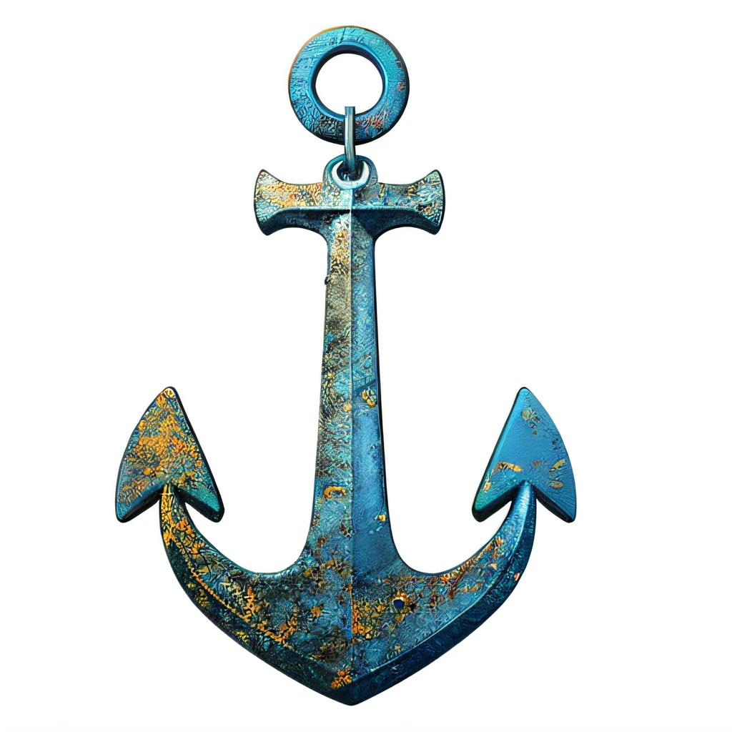 There is a rusty anchor of starfish and barnacles, Marine elements,Flat game icon design,Q version icon,white backgrounid,3D icon design