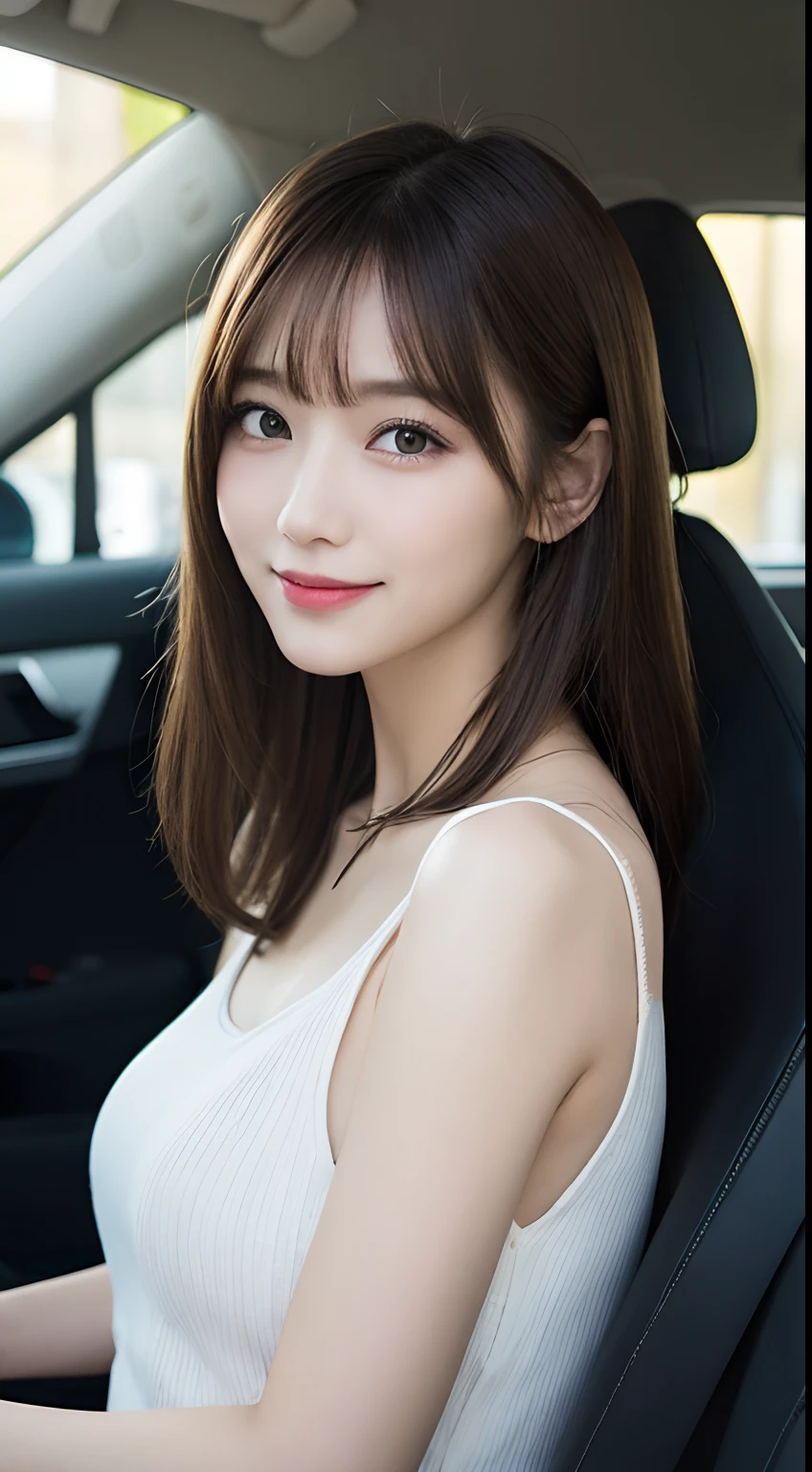 masutepiece, Best Quality, Illustration, Ultra-detailed, finely detail, hight resolution, 8K Wallpaper, Perfect dynamic composition, Beautiful detailed eyes, doress,Medium Hair, mid-chest, Natural Color Lip, Random and sexy poses,Smile,20 years girl、lifelike face、Bolides、driver、drivers seat、driving、エロ