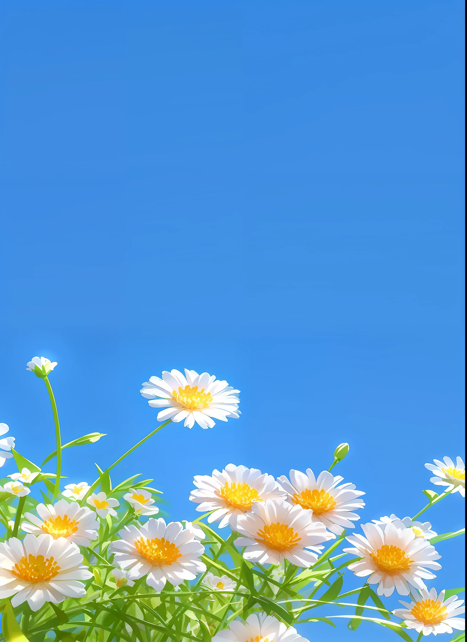 There are many pinkish-white and yellow flowers in the grass, The flowers are in full bloom，The petals have a clear texture，minimalistic background, Relaxed. Blue background, background is heavenly, Simple background, summer clear blue sky, There are clouds in the sky，