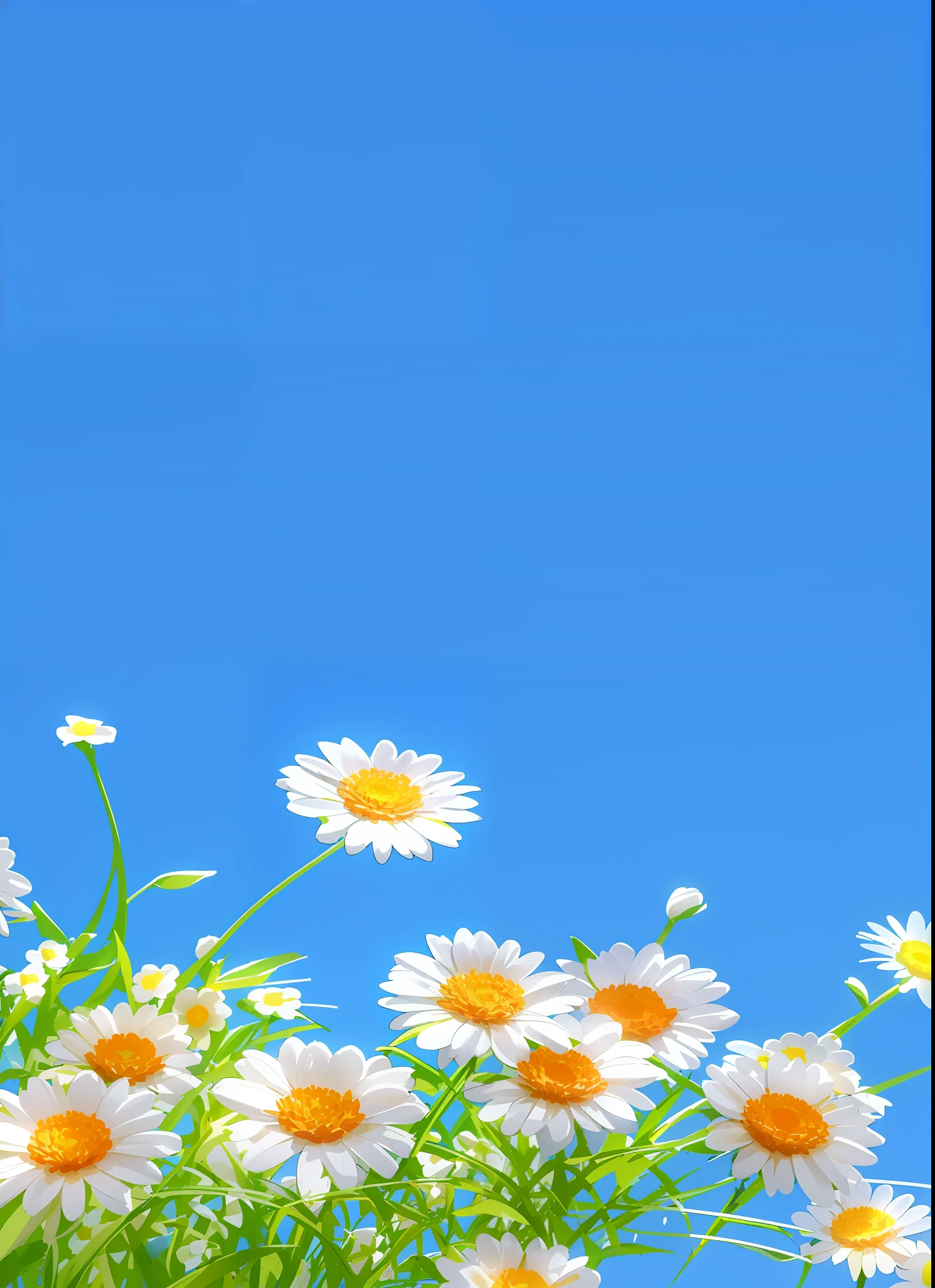 There are many white and yellow flowers in the grass, The flowers are in full bloom，The flowers are clearly outlined，Blue background, Simple background, background is heavenly, summer clear blue sky,  Plain background，A few pale pink flowers