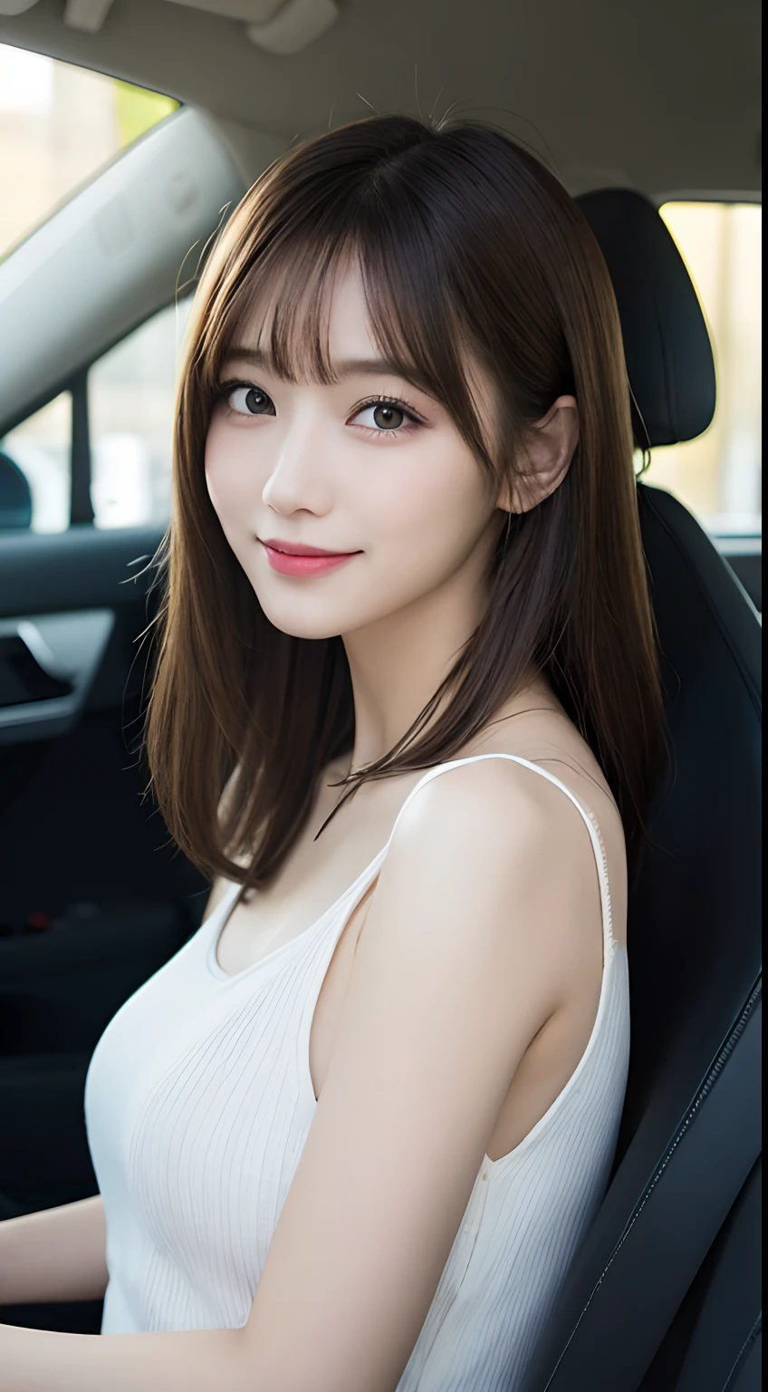 masutepiece, Best Quality, Illustration, Ultra-detailed, finely detail, hight resolution, 8K Wallpaper, Perfect dynamic composition, Beautiful detailed eyes, doress,Medium Hair, mid-chest, Natural Color Lip, Random and sexy poses,Smile,20 years girl、lifelike face、Bolides、driver、drivers seat、driving、エロ