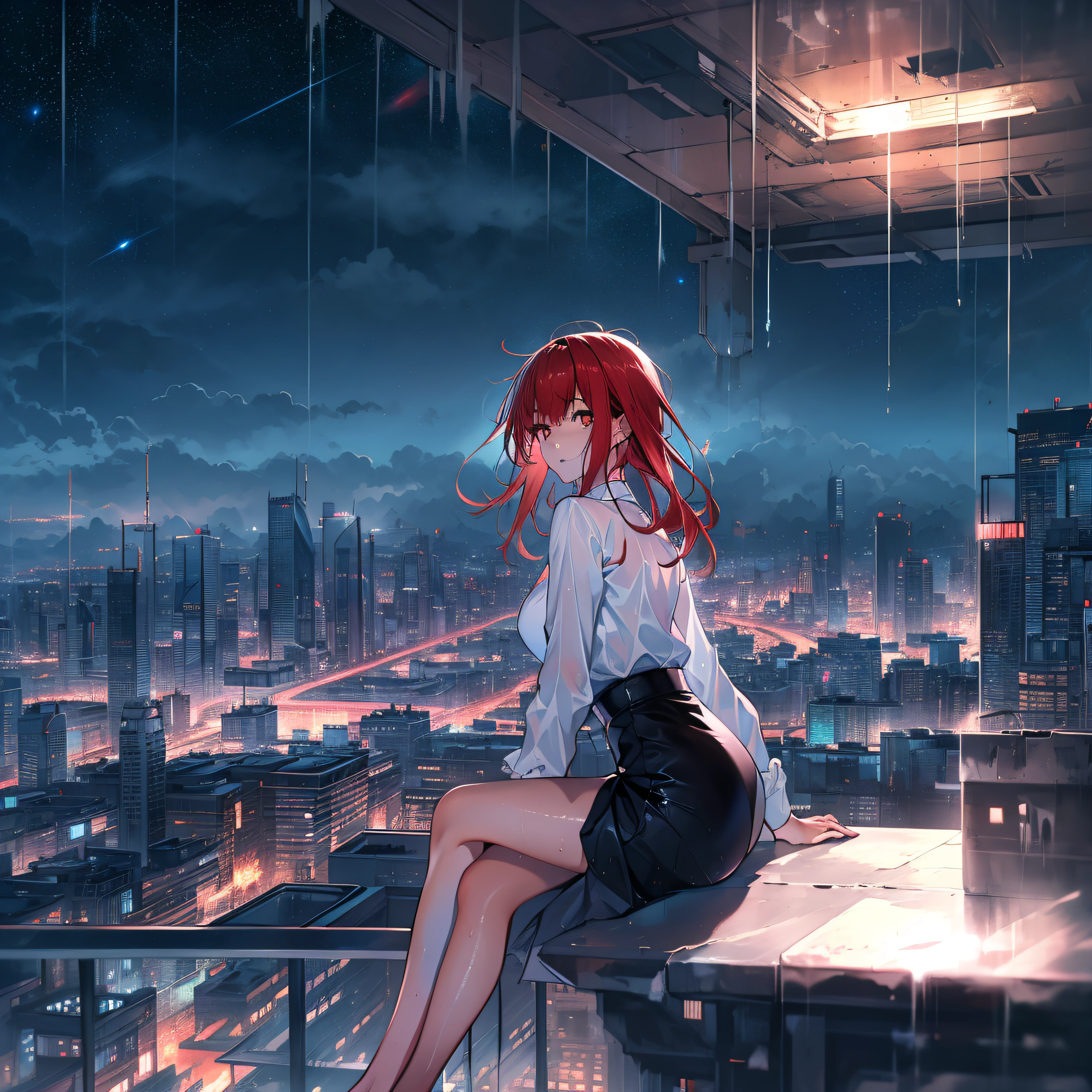 octans, sky, star (sky), scenery, starry sky, night, 1girl, night sky, solo, outdoors, building, cloud, comets, milky way, sitting, tree, long red hair, white shirt, golden eyes, black panties, wet, sexy, cyber city, futures, silhouette, cityscape, amazing, power.