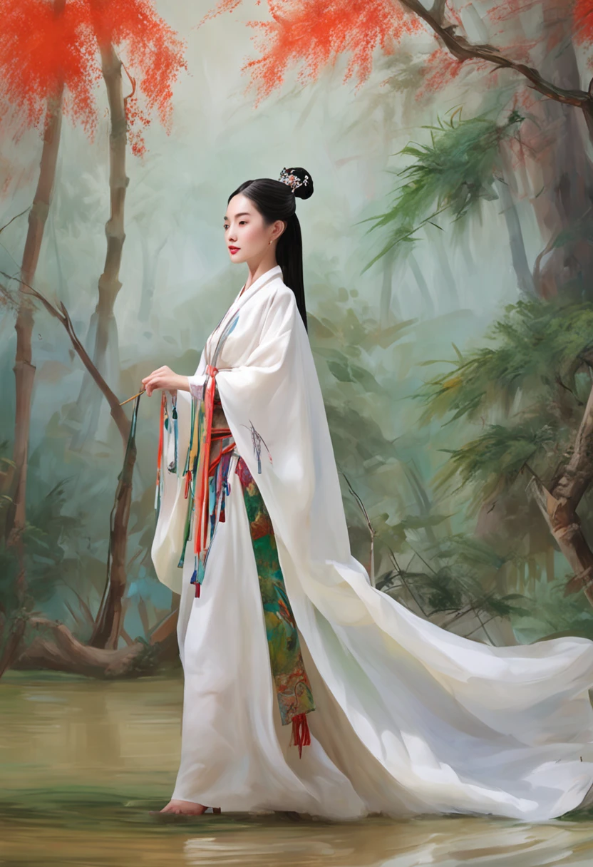 A woman dressed in traditional clothing rides a horse through a bamboo forest, Hanfu, Palace ， A girl in Hanfu, White Hanfu, Wuxia, full-body wuxia, Wearing ancient Chinese clothes, xianxia fantasy, with acient chinese clothes, Chinese costume, Anime girl cosplay, Chinese style, Chinese fantasy, Chinese traditional, Traditional Chinese clothing