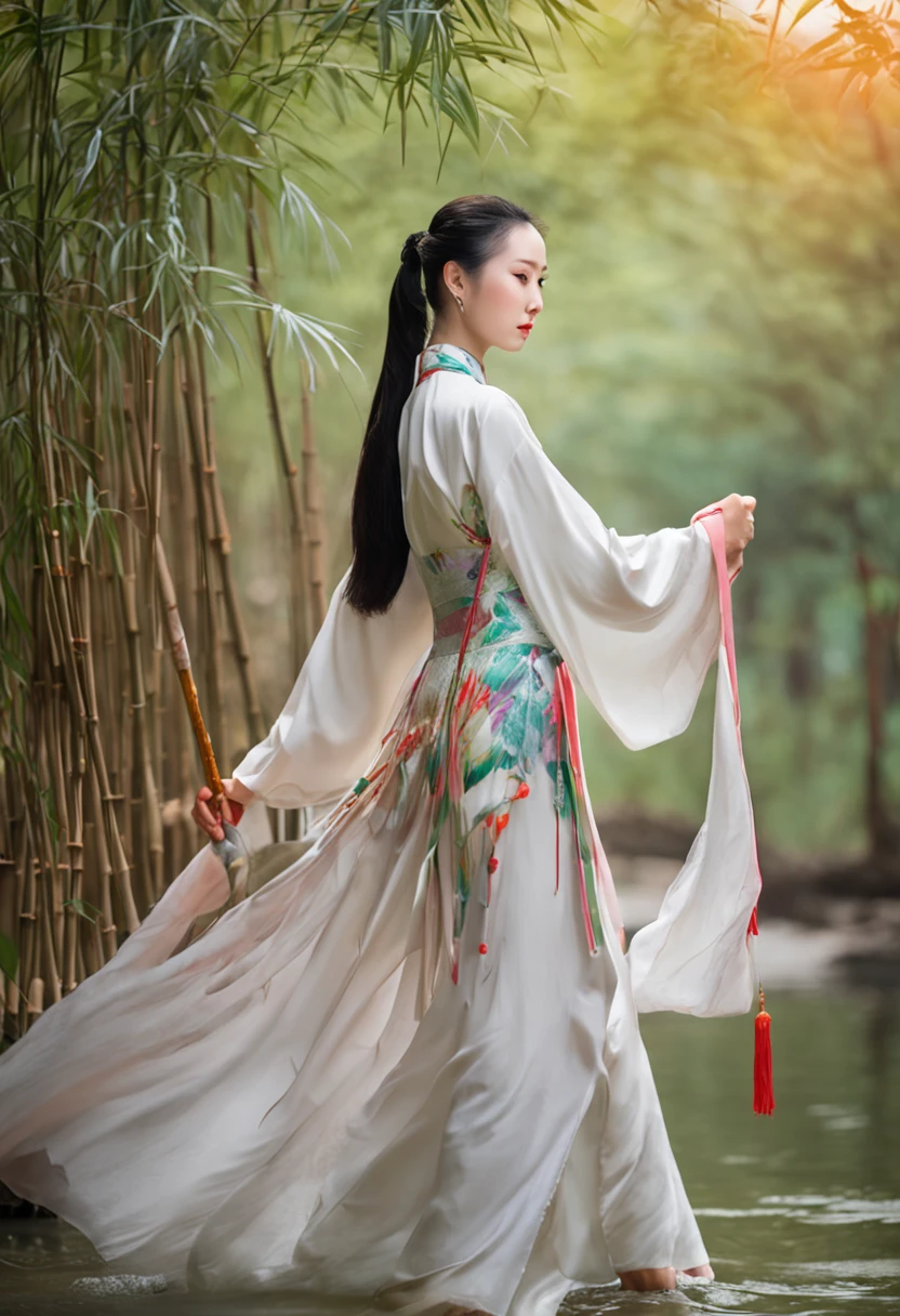 A woman dressed in traditional clothing rides a horse through a bamboo forest, Hanfu, Palace ， A girl in Hanfu, White Hanfu, Wuxia, full-body wuxia, Wearing ancient Chinese clothes, xianxia fantasy, with acient chinese clothes, Chinese costume, Anime girl cosplay, Chinese style, Chinese fantasy, Chinese traditional, Traditional Chinese clothing