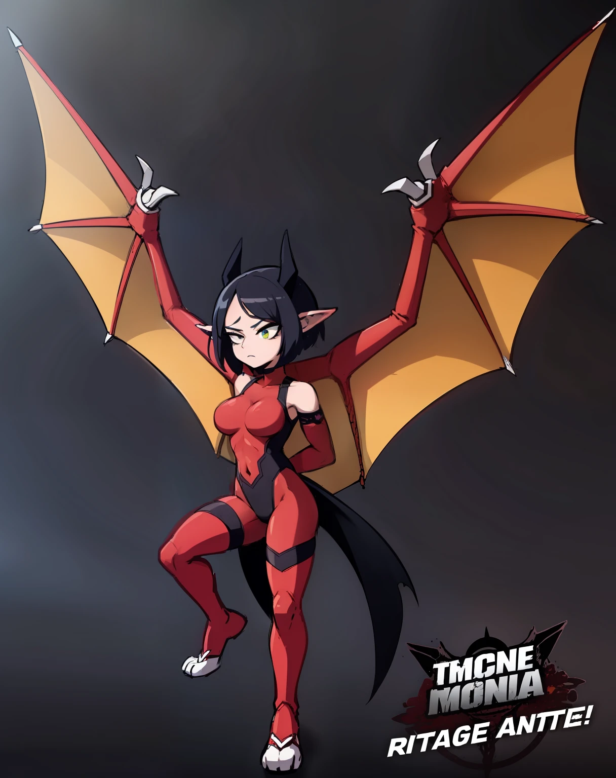 My Hero Academia style, anime Girl, female, trending on artstation pixiv, (full body shot:0.5), wide hips, wide thighs, large breast, Bat wings spread, bat wings, wings spread, bat, short hair, red hair, straight hair, bat ears, green eyes, Hero suit, full body suit, red suit with yellow details and lines, three-toed paws, three-toed paws, three-toed paws, humanoid bat anatomy, Perfect anatomy, Super Detailed,