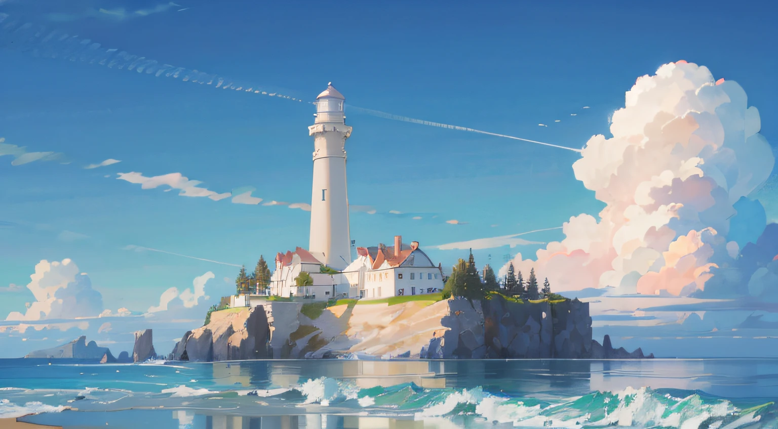 High quality, High detail, Blue sky, beachside,White lighthouse,White clouds,, Glow