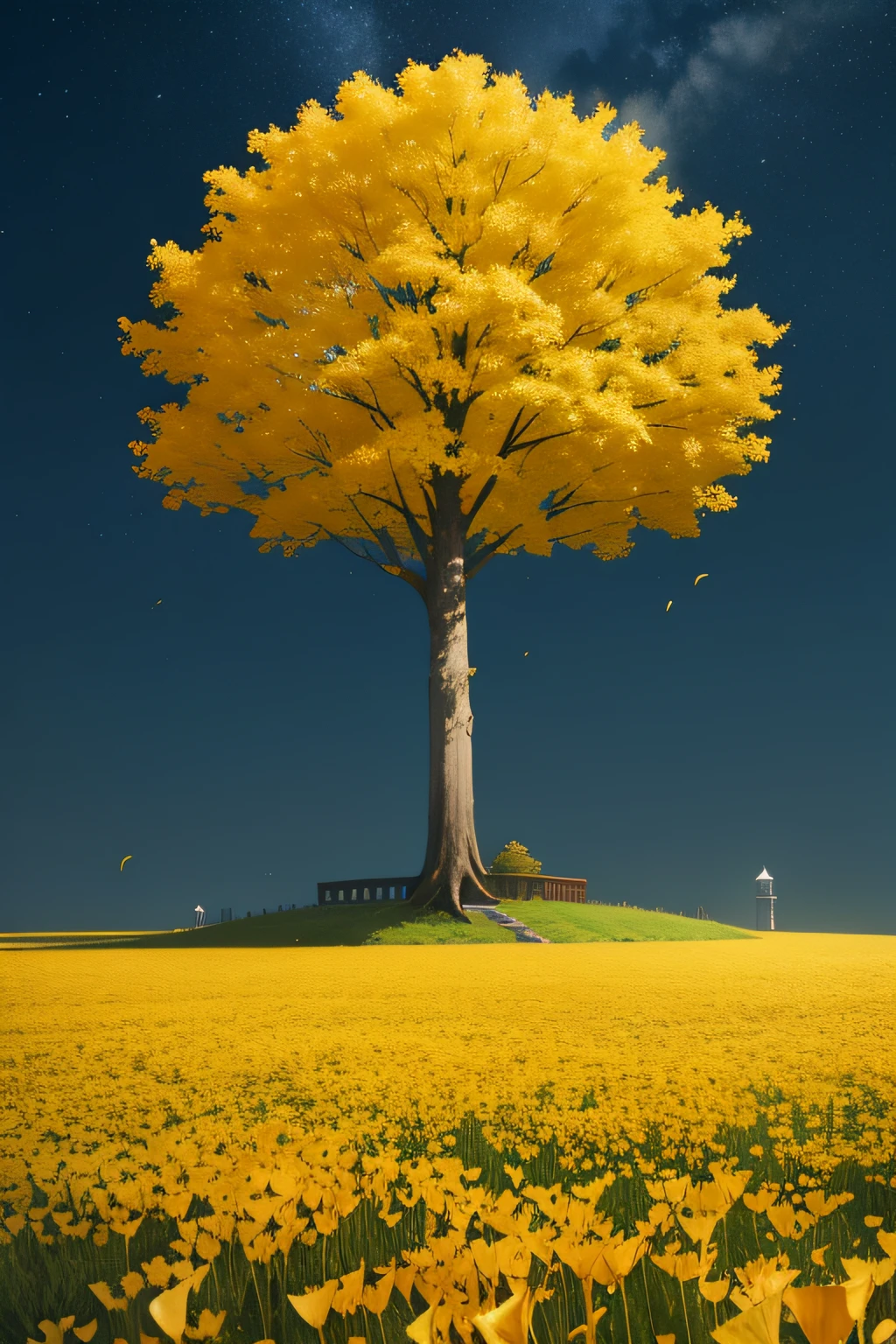 A single golden yellow ginkgo tree,The crown is half the height of the tree