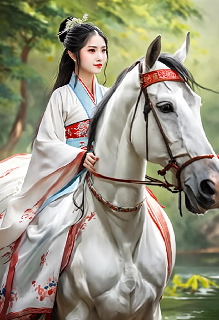 A woman dressed in traditional clothing rides a horse through a bamboo forest, Hanfu, Palace , A girl in Hanfu, White Hanfu, Wuxia, full-body wuxia, Wearing ancient Chinese clothes, xianxia fantasy, with acient chinese clothes, Chinese costume, Anime girl cosplay, Chinese style, Chinese fantasy, Chinese traditional, Traditional Chinese clothing
