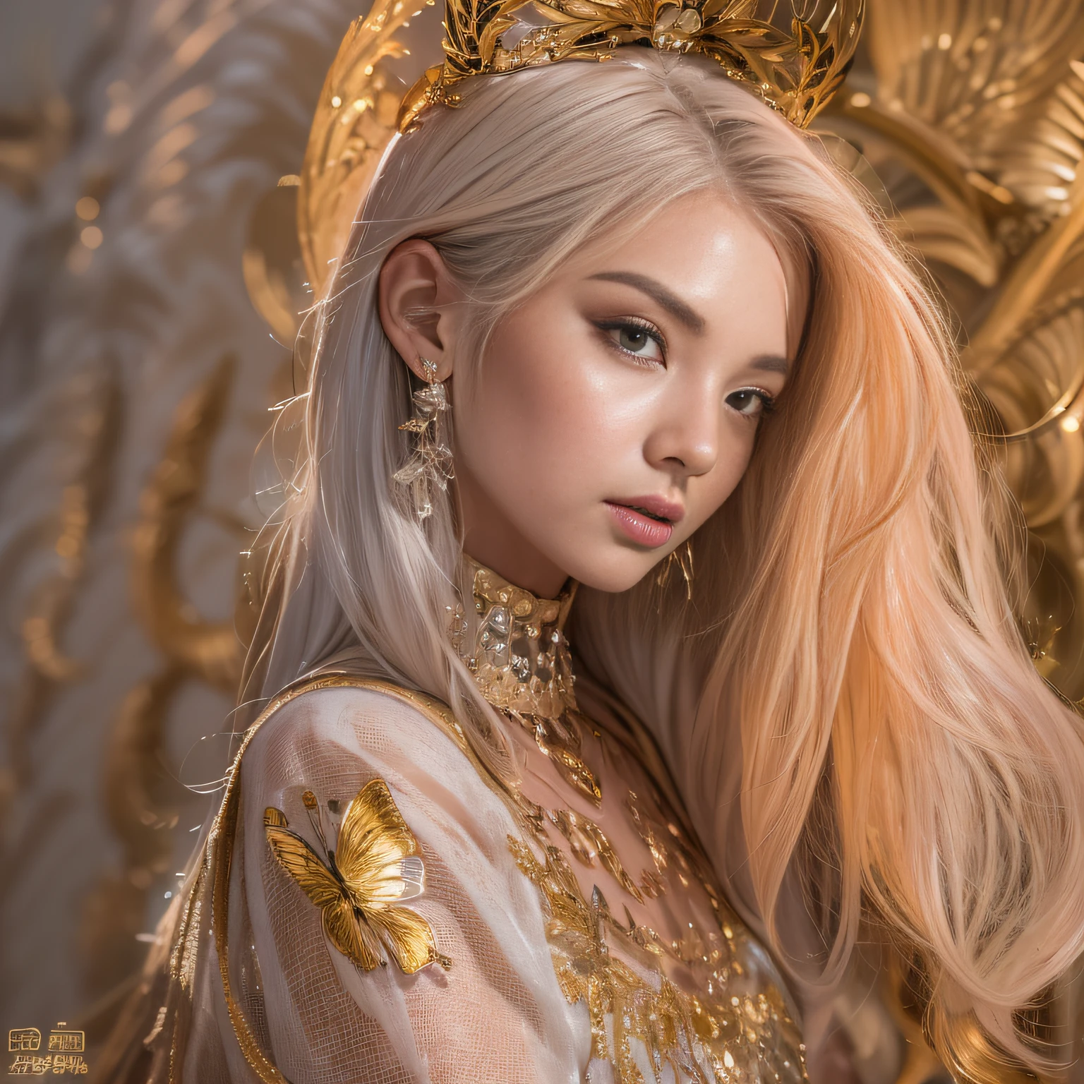 32K(tmasterpiece,k hd,hyper HD,32K)Short flowing light orange hair,Gold jewelry area in the back room,Women's Oversized Floor ,Silver Gold Dragon Protector (realisticlying:1.4),Python pattern robe,Purple-pink tiara,Golden foam flutters,The background is pure,Hold your head high,Be proud,The nostrils look at people, A high resolution, the detail, RAW photogr, Sharp Re, Nikon D850 Film Stock Photo by Jefferies Lee 4 Kodak Portra 400 Camera F1.6 shots, Rich colors, ultra-realistic vivid textures, Dramatic lighting, Unreal Engine Art Station Trend, cinestir 800,Hold your head high,Be proud,The nostrils look at people,Short light orange hair,Linen vest,Impeccable,Exaggerated and unfounded feelings about one's own importance and talents (pompous). Focus on unlimited butterfly fantasies, influencer, power, information, Beauty, Or perfect love. Attributed to the special and unique,Only the highest quality people should be associated,Purple-pink