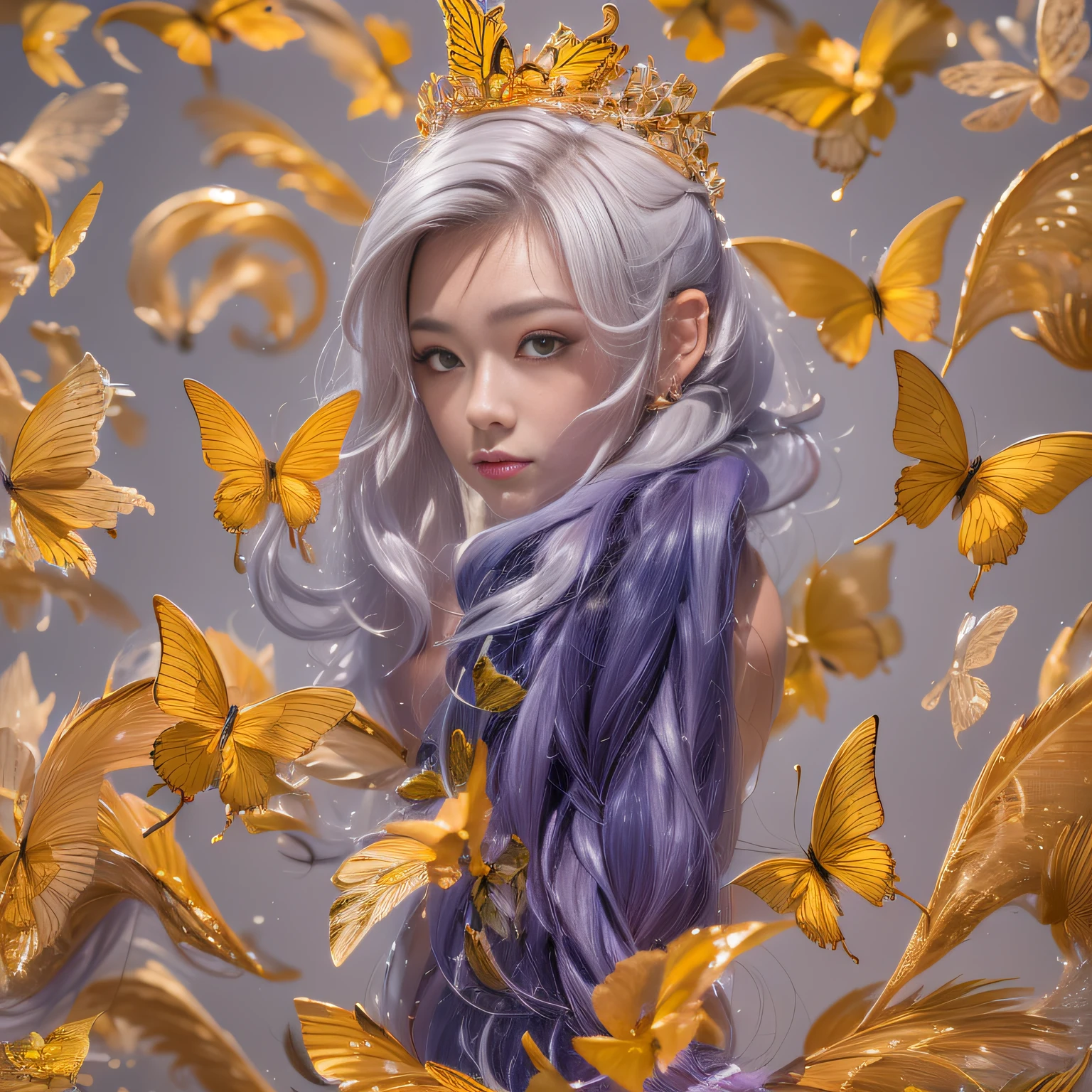 32K（tmasterpiece，k hd，hyper HD，32K）Short flowing light orange hair，Gold jewelry area in the back room，Women's Oversized Floor ，Silver Gold Dragon Protector （realisticlying：1.4），Python pattern robe，Purple-pink tiara，Golden foam flutters，The background is pure，Hold your head high，Be proud，The nostrils look at people， A high resolution， the detail， RAW photogr， Sharp Re， Nikon D850 Film Stock Photo by Jefferies Lee 4 Kodak Portra 400 Camera F1.6 shots, Rich colors, ultra-realistic vivid textures, Dramatic lighting, Unreal Engine Art Station Trend, cinestir 800，Hold your head high，Be proud，The nostrils look at people，Short light orange hair，Linen vest，Impeccable，Exaggerated and unfounded feelings about one's own importance and talents (pompous). Focus on unlimited butterfly fantasies, influencer, power, information, Beauty, Or perfect love. Attributed to the special and unique，Only the highest quality people should be associated，Purple-pink