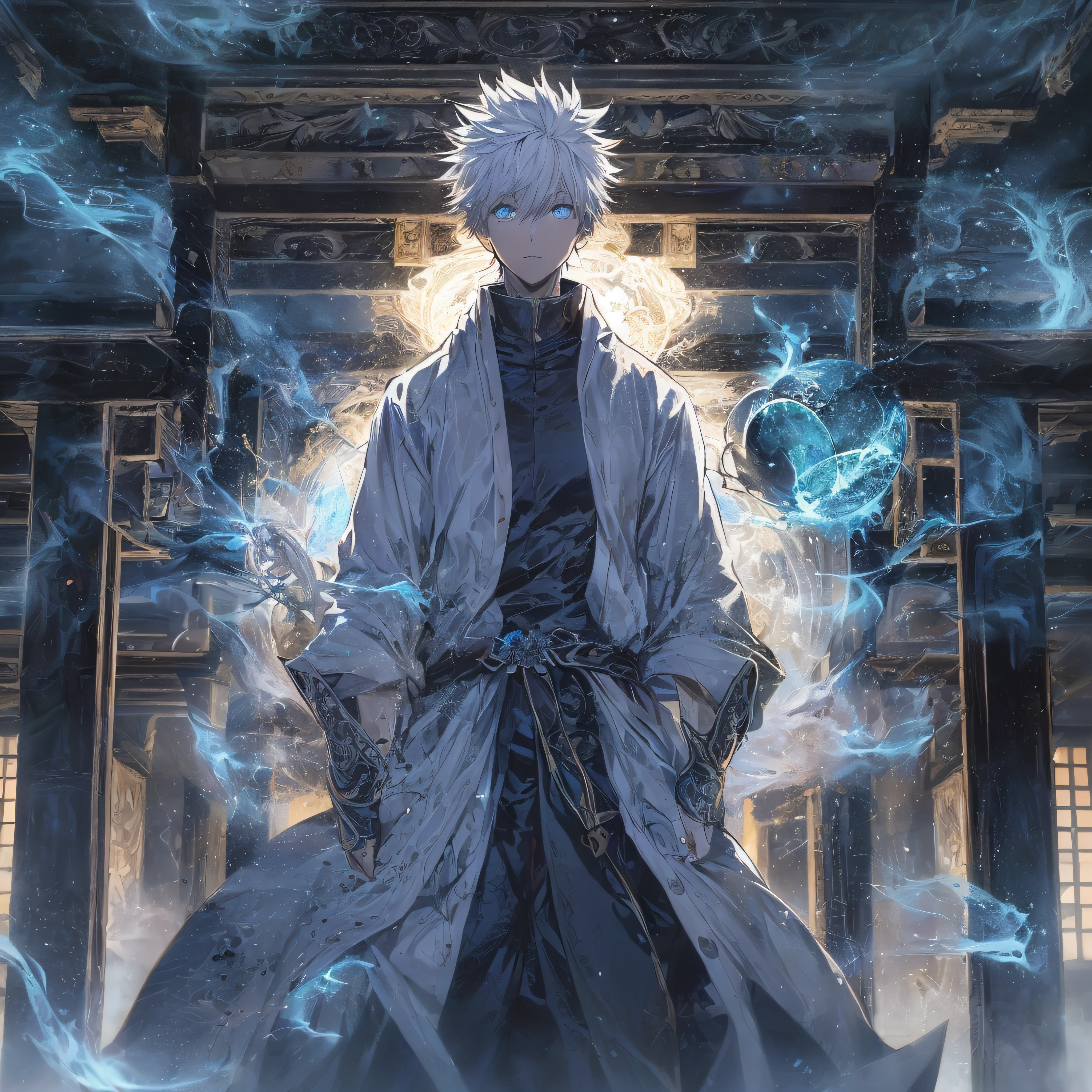 (masterpiece, illustration, anime:1.3), 1 person, Satoru Gojo from Jujutsu Kaisen, (classic black attire:1.2), standing inside a temple at night, (messy white hair:1.1), (blue eyes emitting blue light:1.2), (calm expression:1.1), (uncovered eyes:1.1), (powerful presence:1.2), (mystical atmosphere:1.2), (subtle moonlight:1.1), (intricate temple architecture:1.2), (ominous shadows:1.1), (flowing robes:1.1), (detailed folds and creases:1.1), (intense blue aura:1.2), (symbols of power surrounding him:1.1), (magical energy radiating:1.2), (spellcasting gestures:1.1), (mysterious artifacts:1.1), (ethereal particles:1.1), (dynamic pose:1.2), (epic soundtrack:1.2), (sense of awe:1.1), (magical prowess:1.1), over power, power up, sphere, extreme, focused.