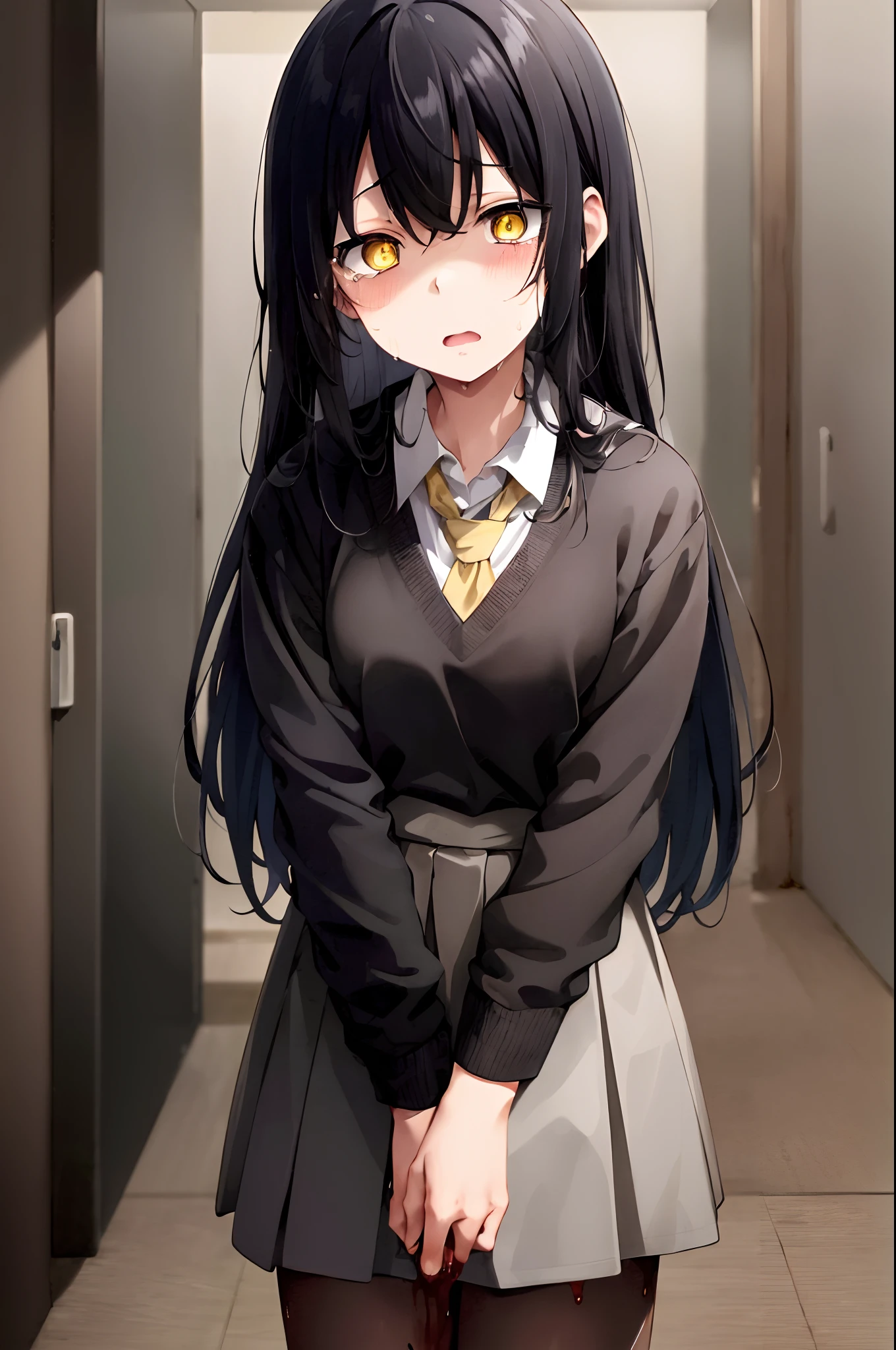 (mieruko:1.3), 1girl, standing, scared, tears, sweat drips, yellow sweater, black tie, school uniform, yellow detailed eyes, long black hair, big eyes, (open mouth:0.1), detailed pupils, hdr shadows, horror \(theme\), indoors, creepy background, creepy monster, monster, (tortured, the girl is suffering, blood, bruise)