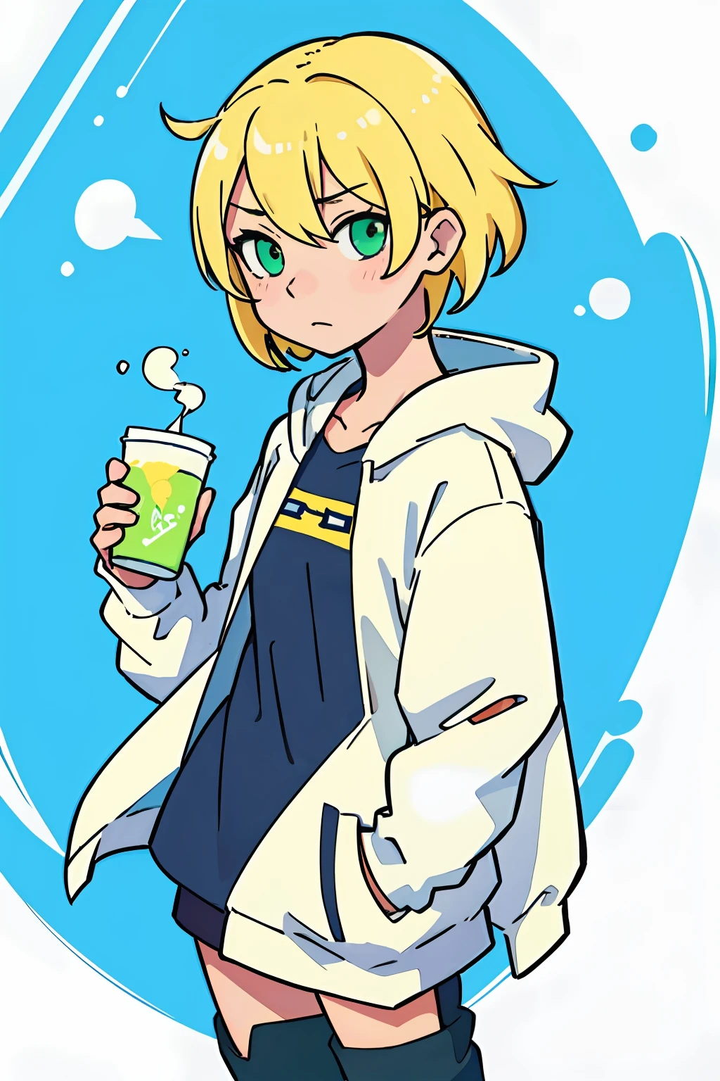 best qualtiy：0.8，best qualtiy：0.8，Perfect anime illustration，teens girl，Poor milk，short yellow hair，Green eyes